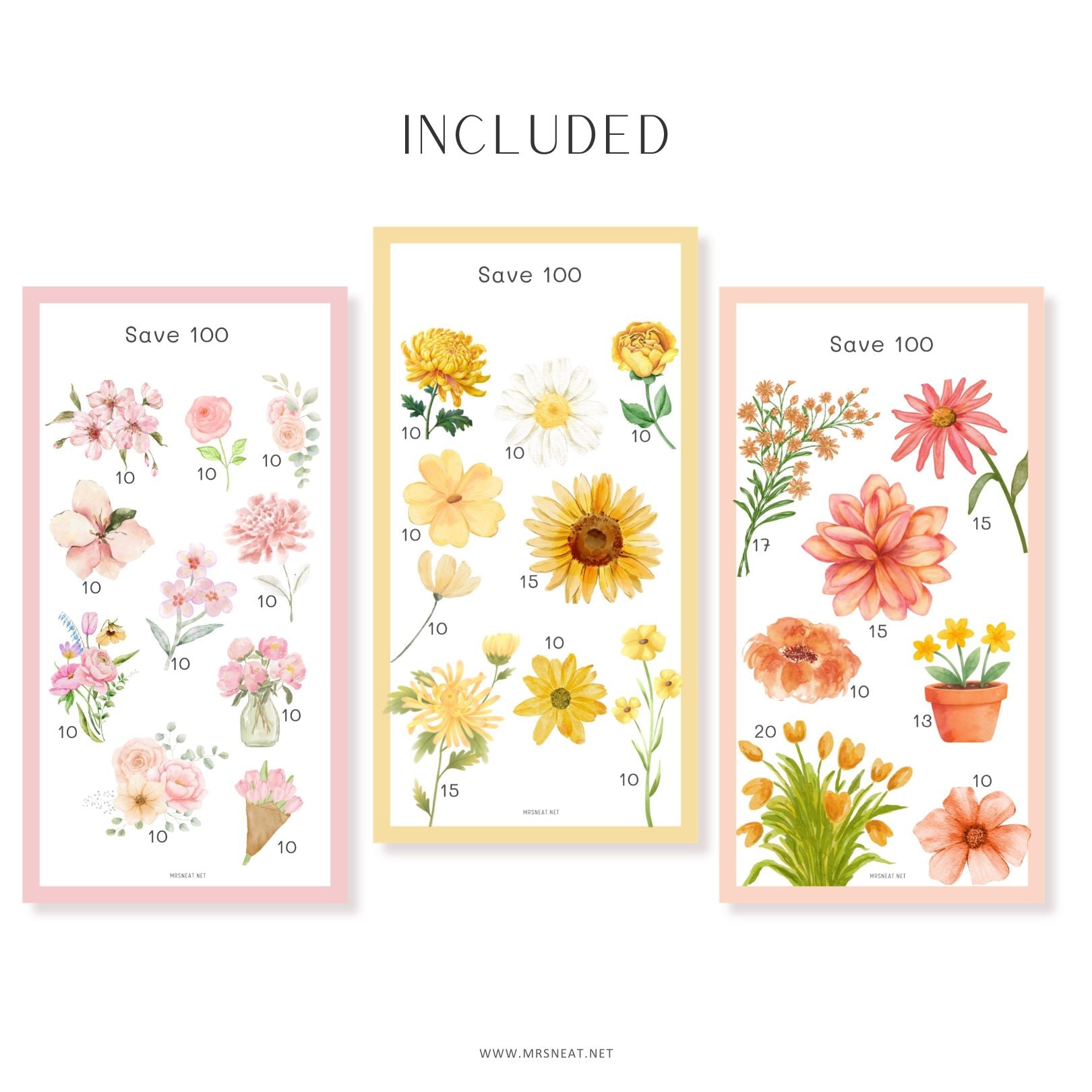 Three floral-themed saving charts with illustrations of flowers and plants on a white background.