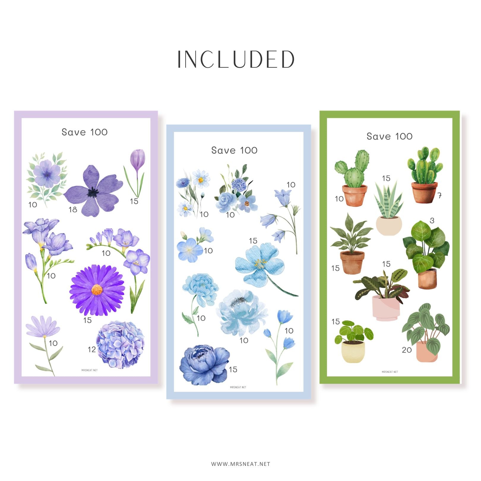 Three framed artworks featuring floral and cactus designs on a white background.