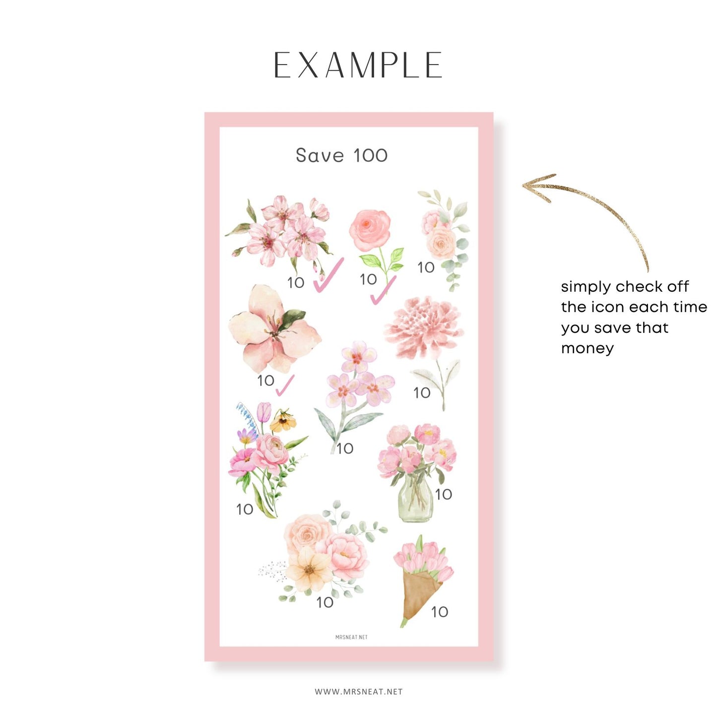 Floral savings tracker with pink border and flower illustrations on a white background