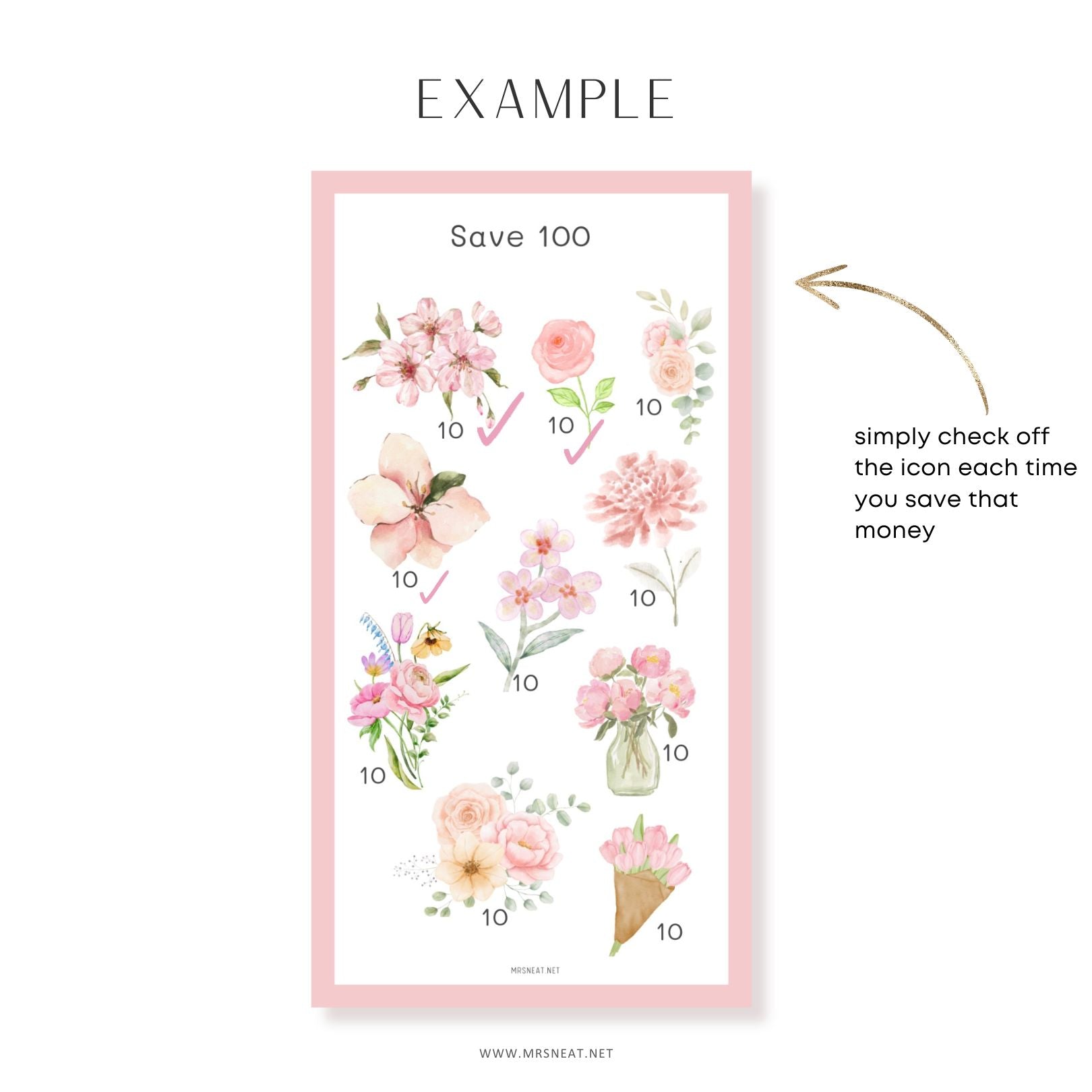 Floral savings tracker with pink border and flower illustrations on a white background