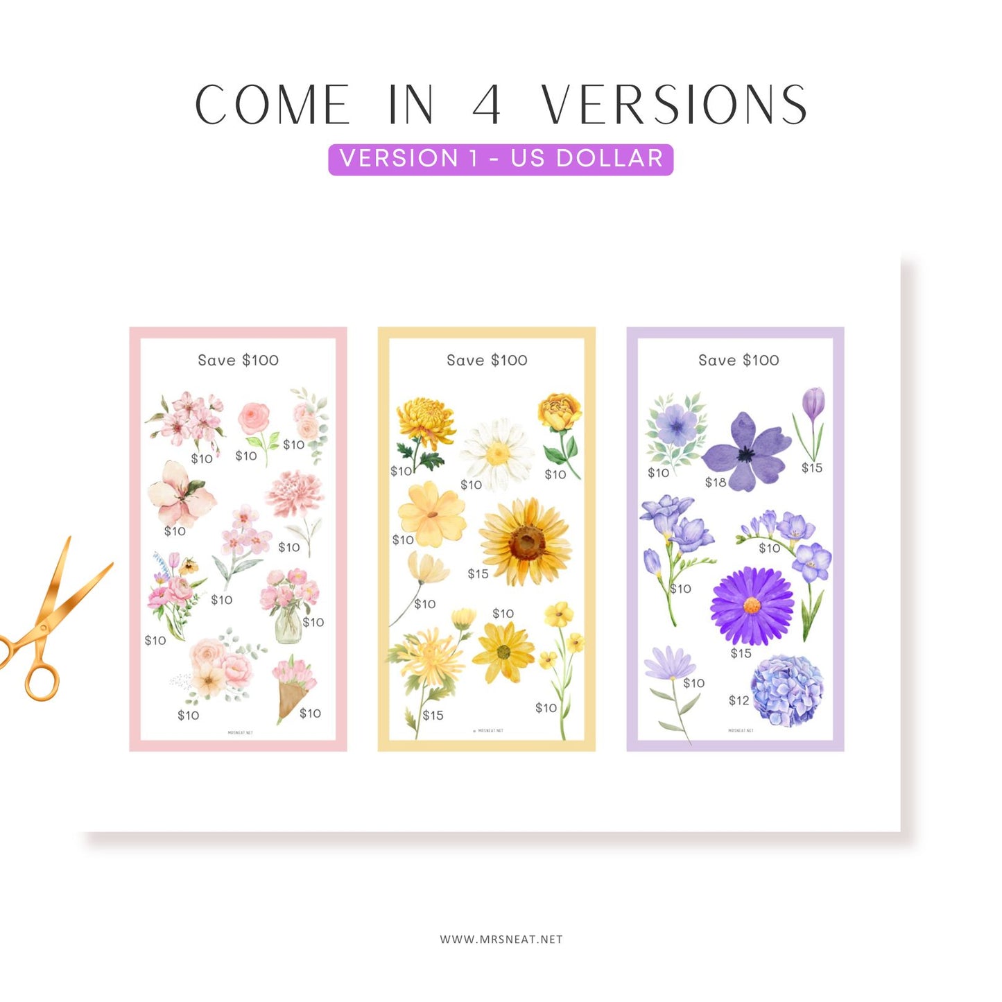 Three floral-themed savings chart versions on a white background with scissors on the side.