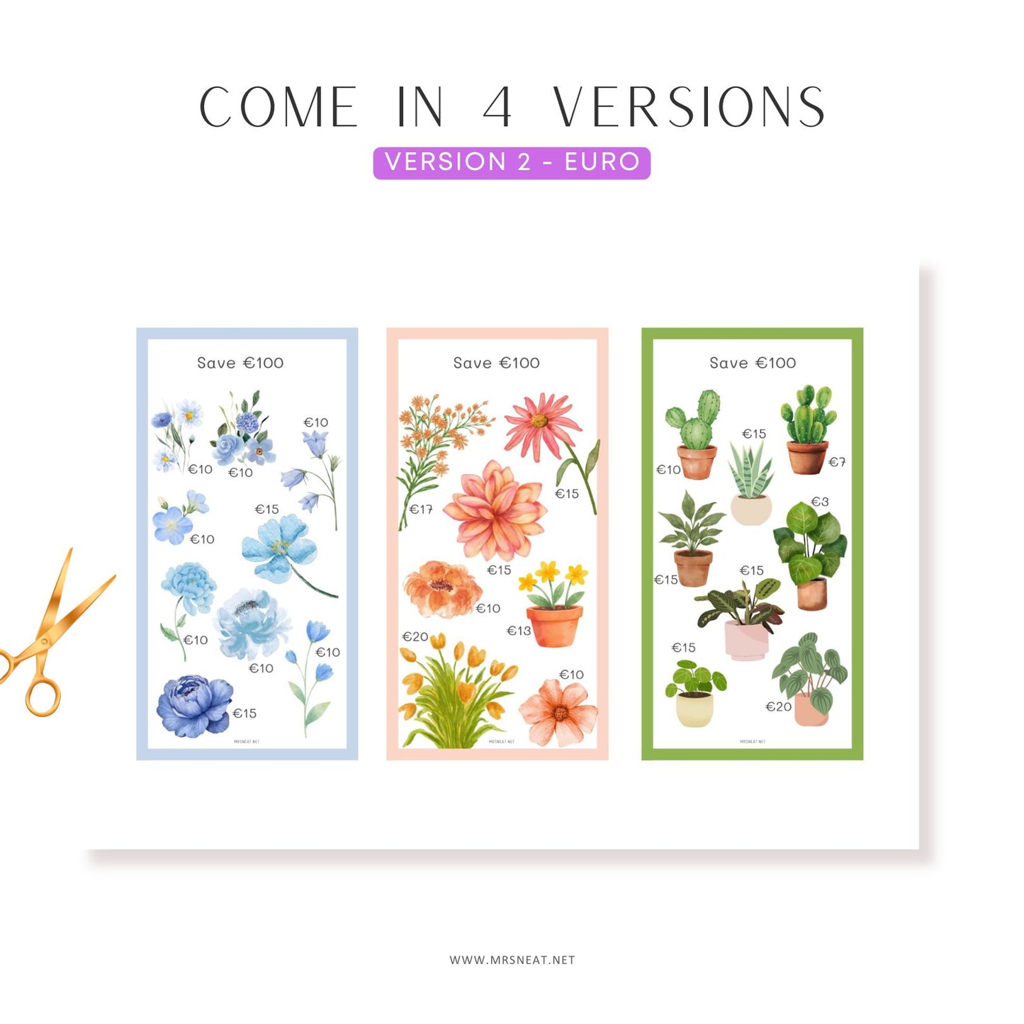 Three colorful designs of plants and flowers with text indicating different versions on a white background.