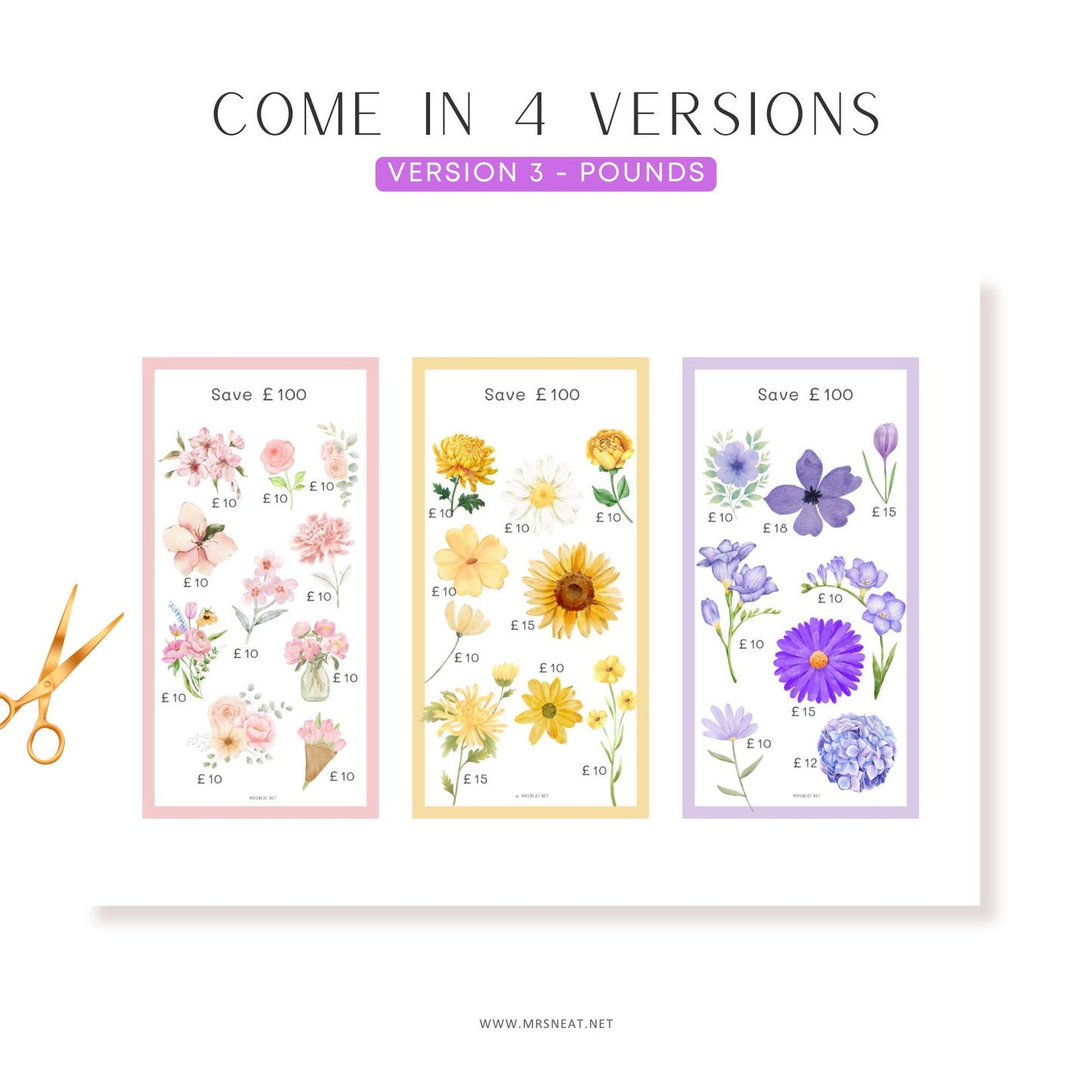 Three floral-themed posters with price tags on a white background, accompanied by scissors.