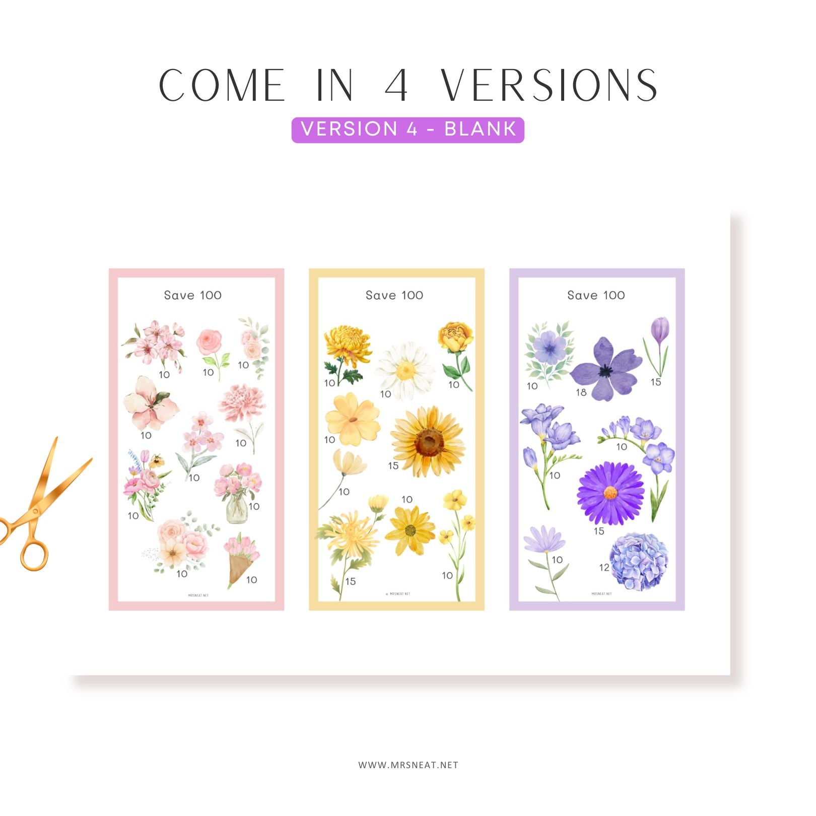 Three floral designs with saving options on a white background, accompanied by a pair of scissors.