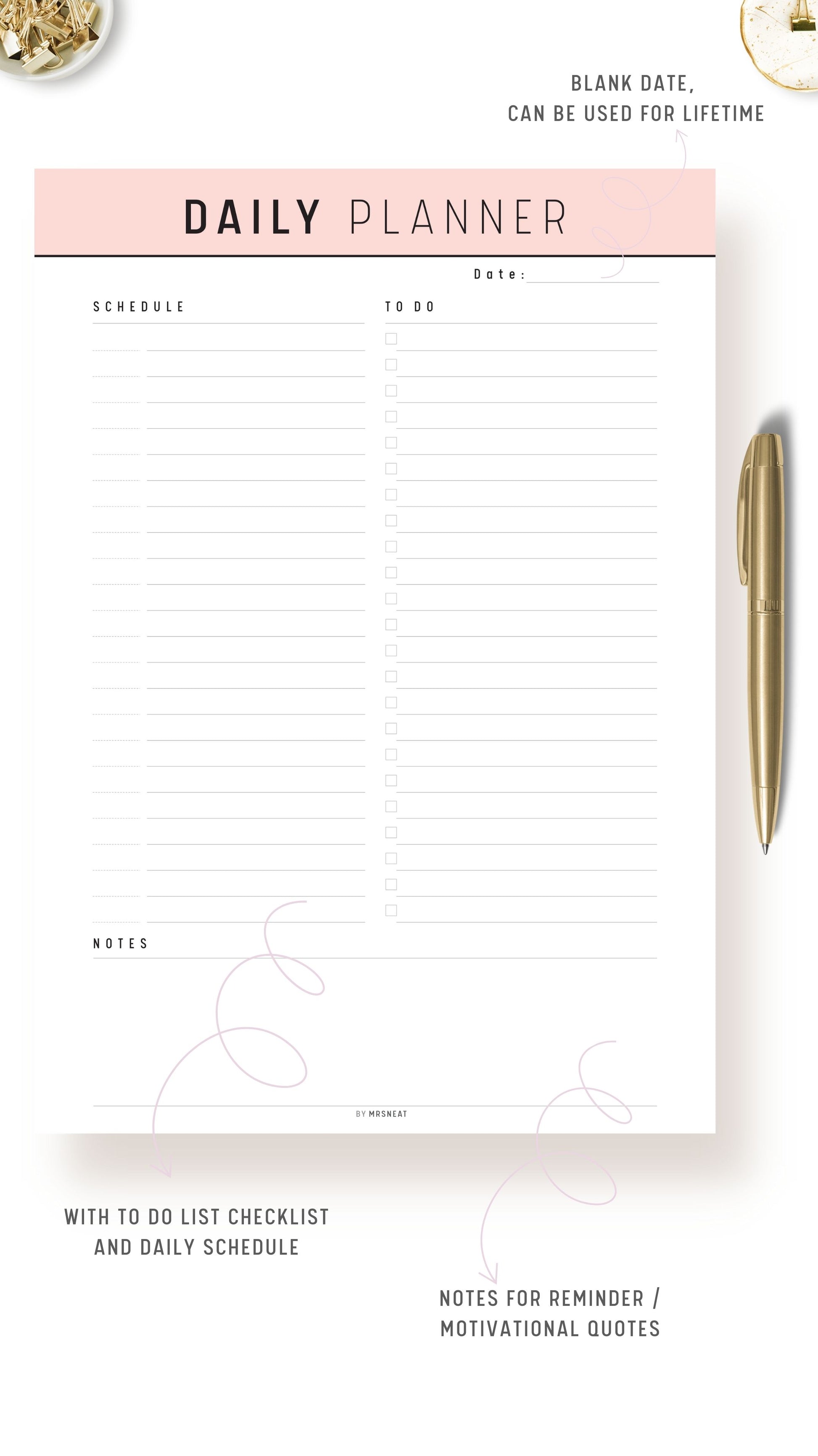 Soft Pink Minimalist Daily Planner Printable