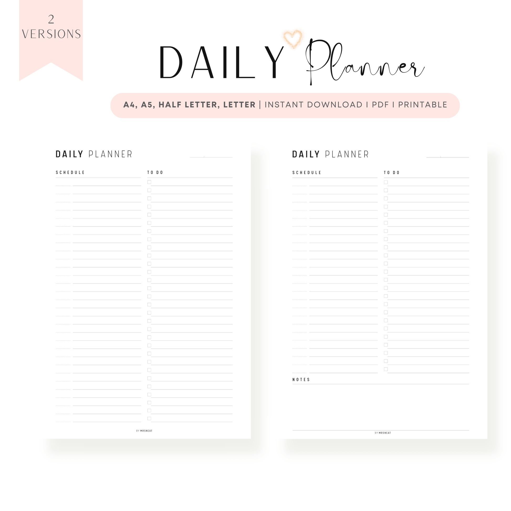 Minimalist Daily Planner Printable, Daily Planner Page, Fillable Daily Schedule, Daily To Do list, A4, A5, Letter, Half Letter, PDF