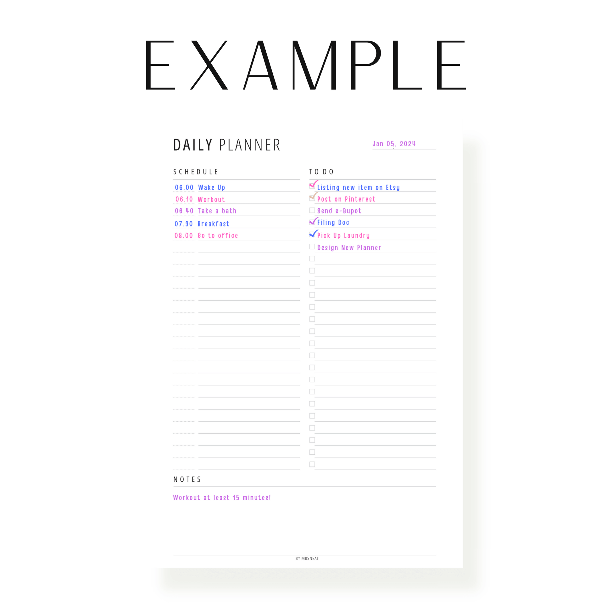 Minimalist Daily Planner Printable, Daily Planner Page, Fillable Daily Schedule, Daily To Do list, A4, A5, Letter, Half Letter, PDF