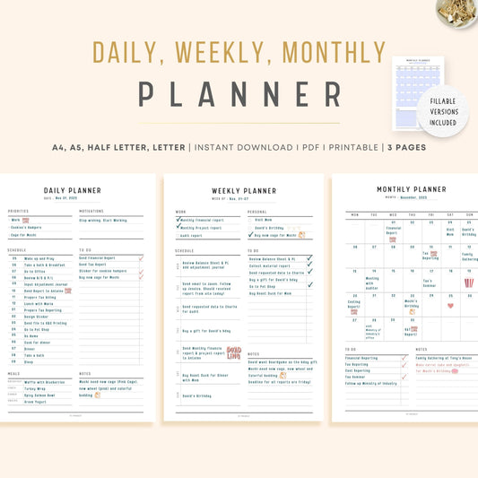 Minimalist Daily, Weekly & Monthly Planner, Sunday and Monday start, A4, A5, Letter, Half Letter, PDF, PDF Fillable, Printable Planner, Printable inserts