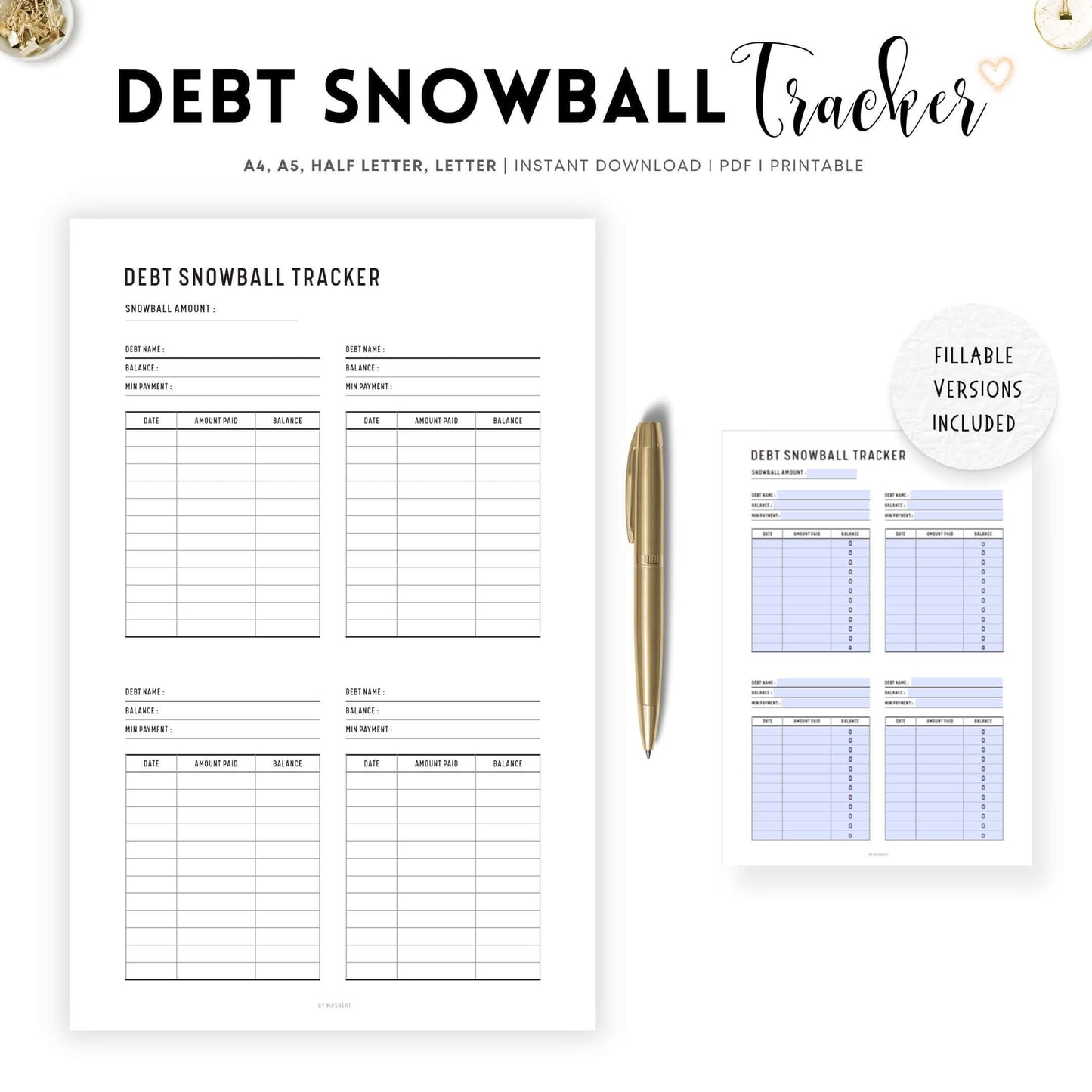 Minimalist Debt Snowball Tracker, A4, A5, Letter, Half Letter, PDF Fillable, Digital Planner