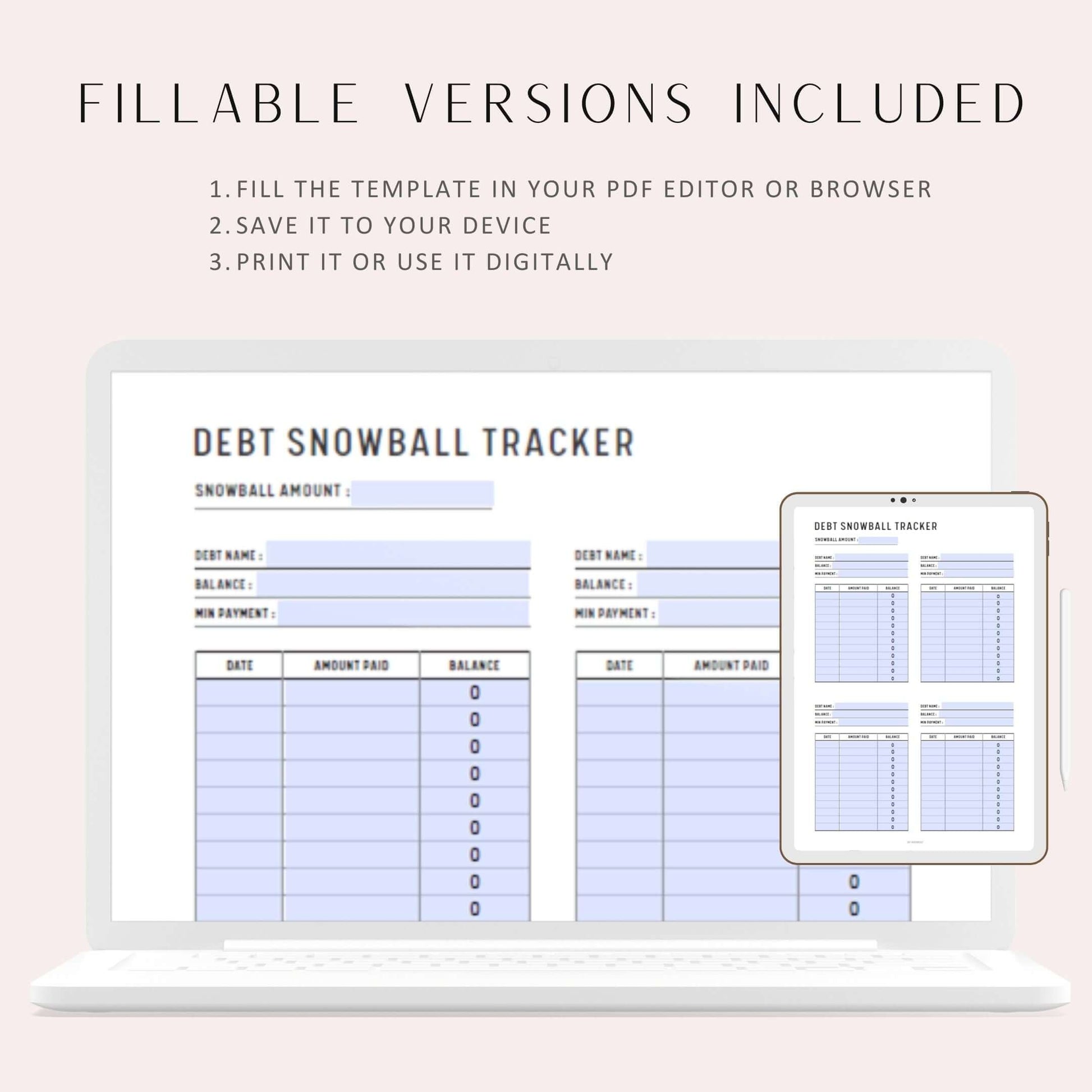 Minimalist Debt Snowball Tracker, A4, A5, Letter, Half Letter, PDF Fillable, Digital Planner