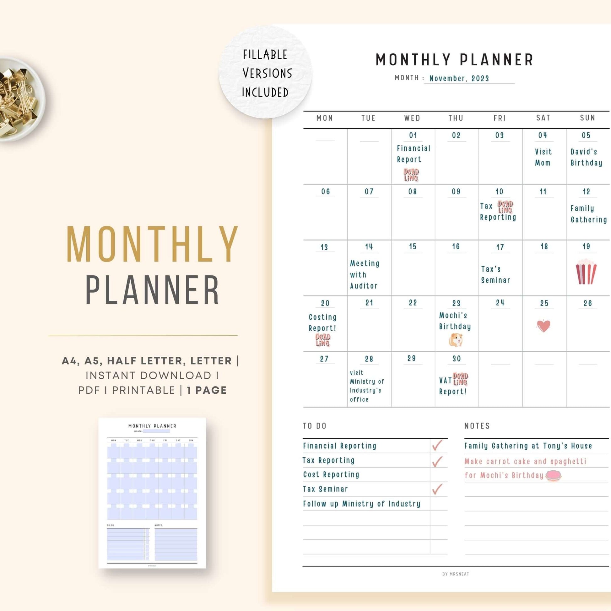 Minimalist Monthly Planner Printable, Digital Planner, Printable Inserts, A4, A5, Letter, Half Letter, Fillable PDF