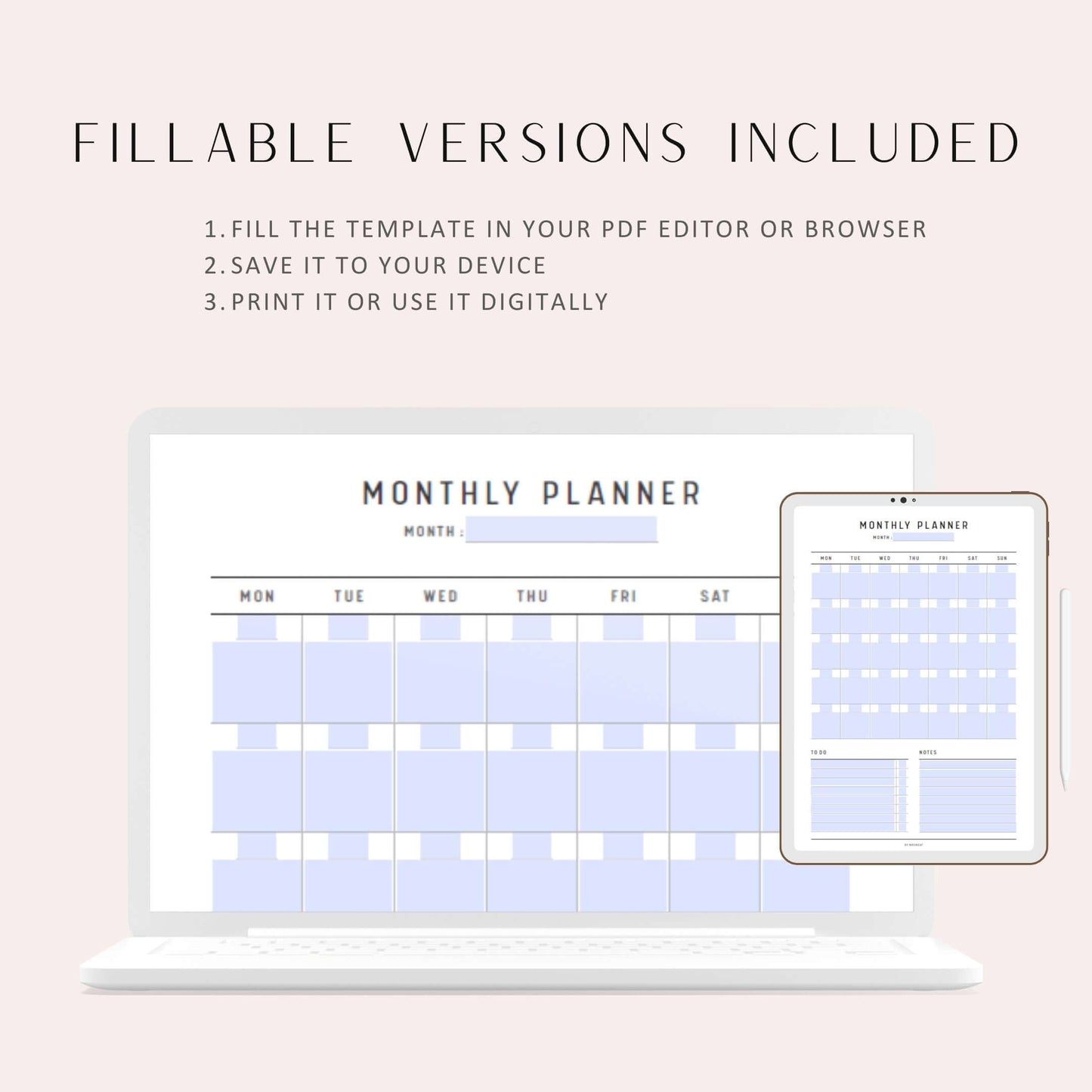 Minimalist Monthly Planner Printable, Digital Planner, Printable Inserts, A4, A5, Letter, Half Letter, Fillable PDF