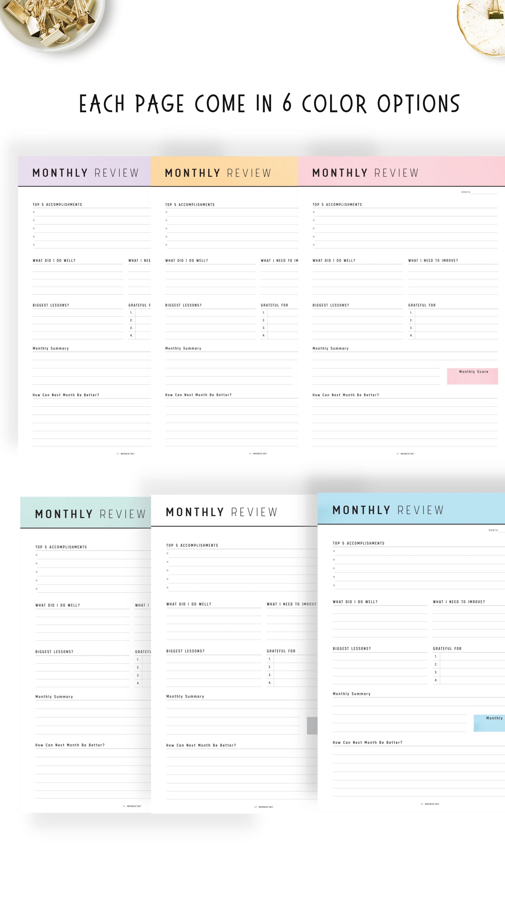 6 Colors Monthly Review Template Printable