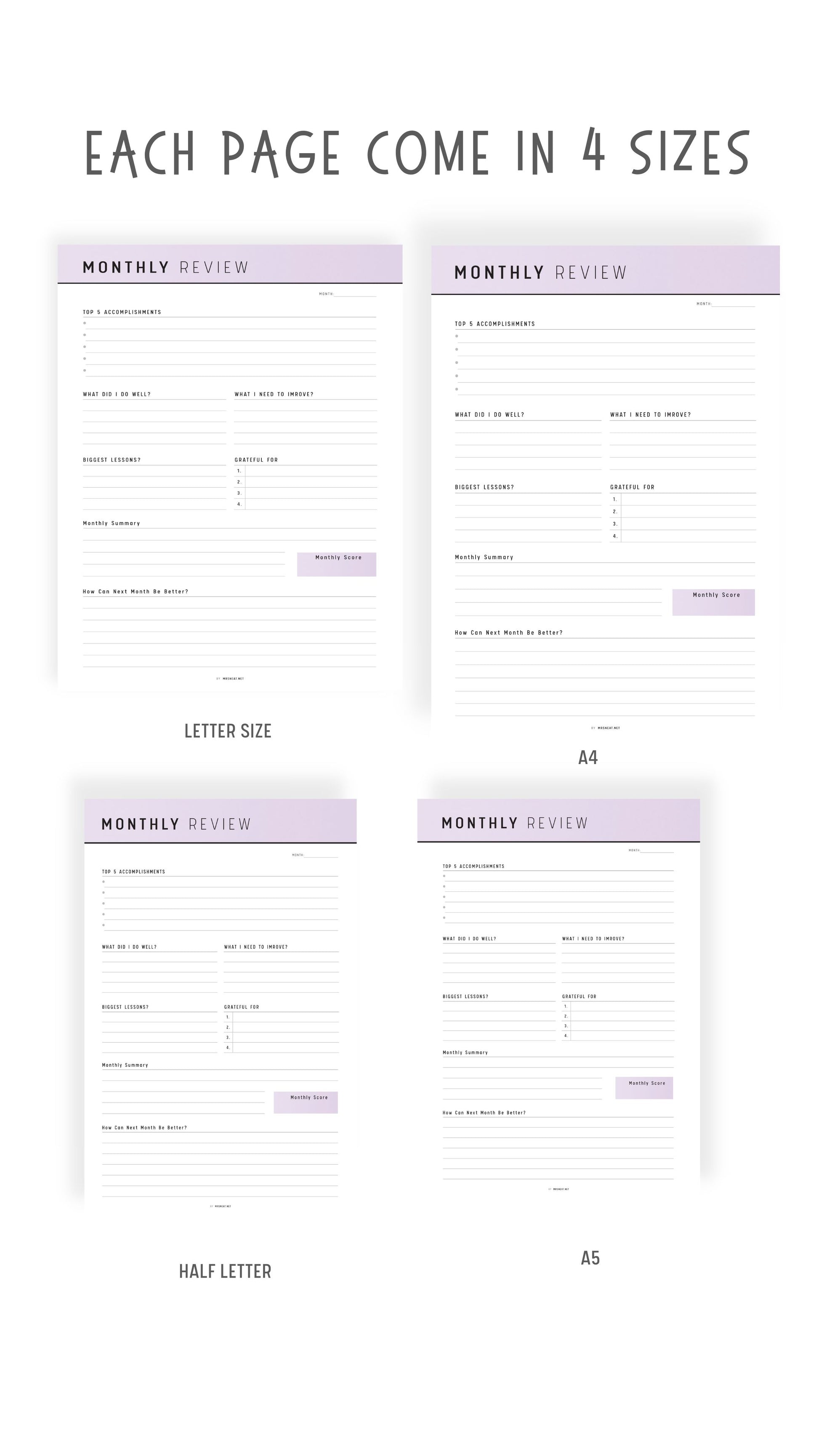 A4, Letter, Half Letter, A5 Monthly Review Template Printable