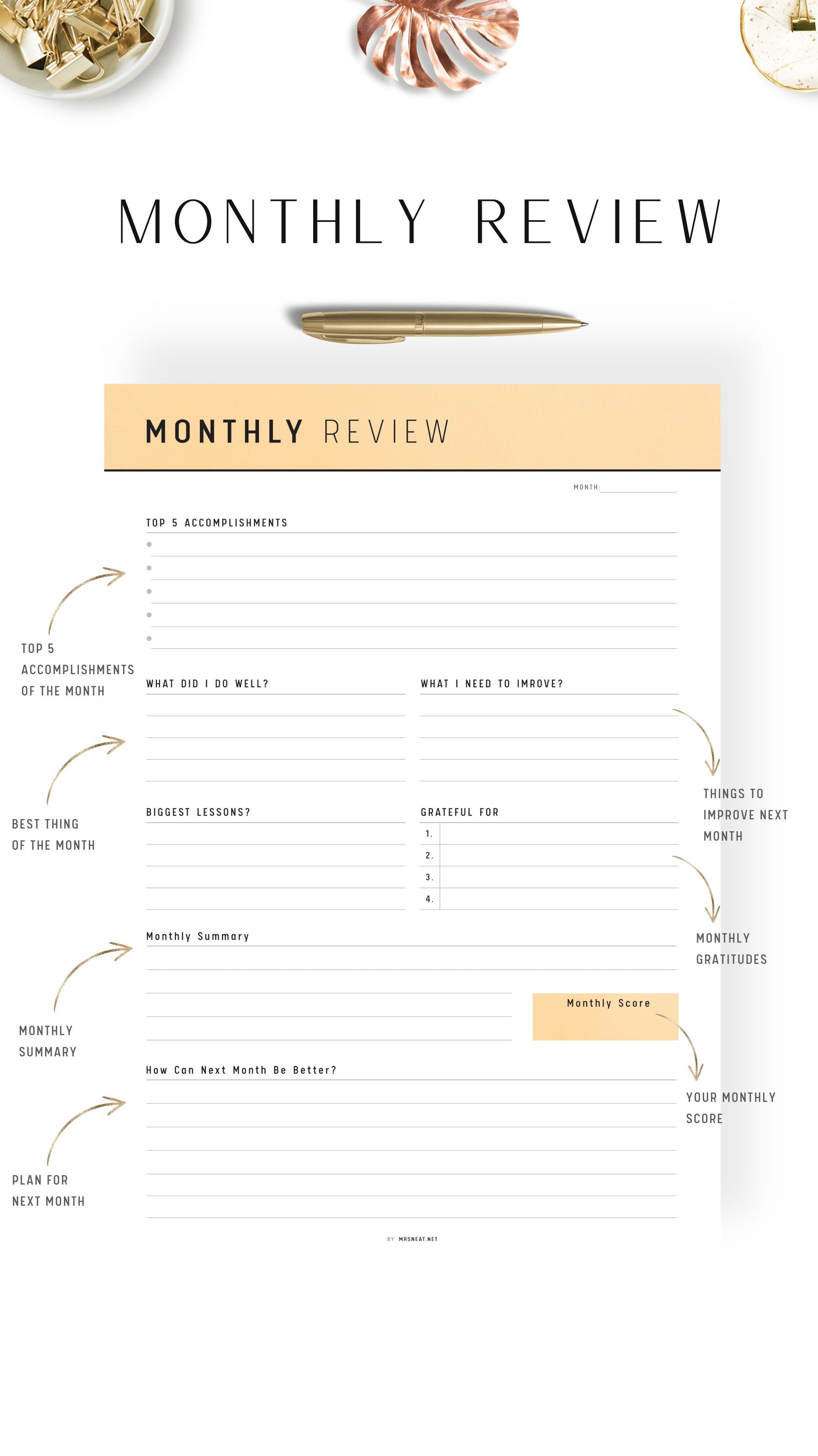 Yellow Monthly Review Template Printable