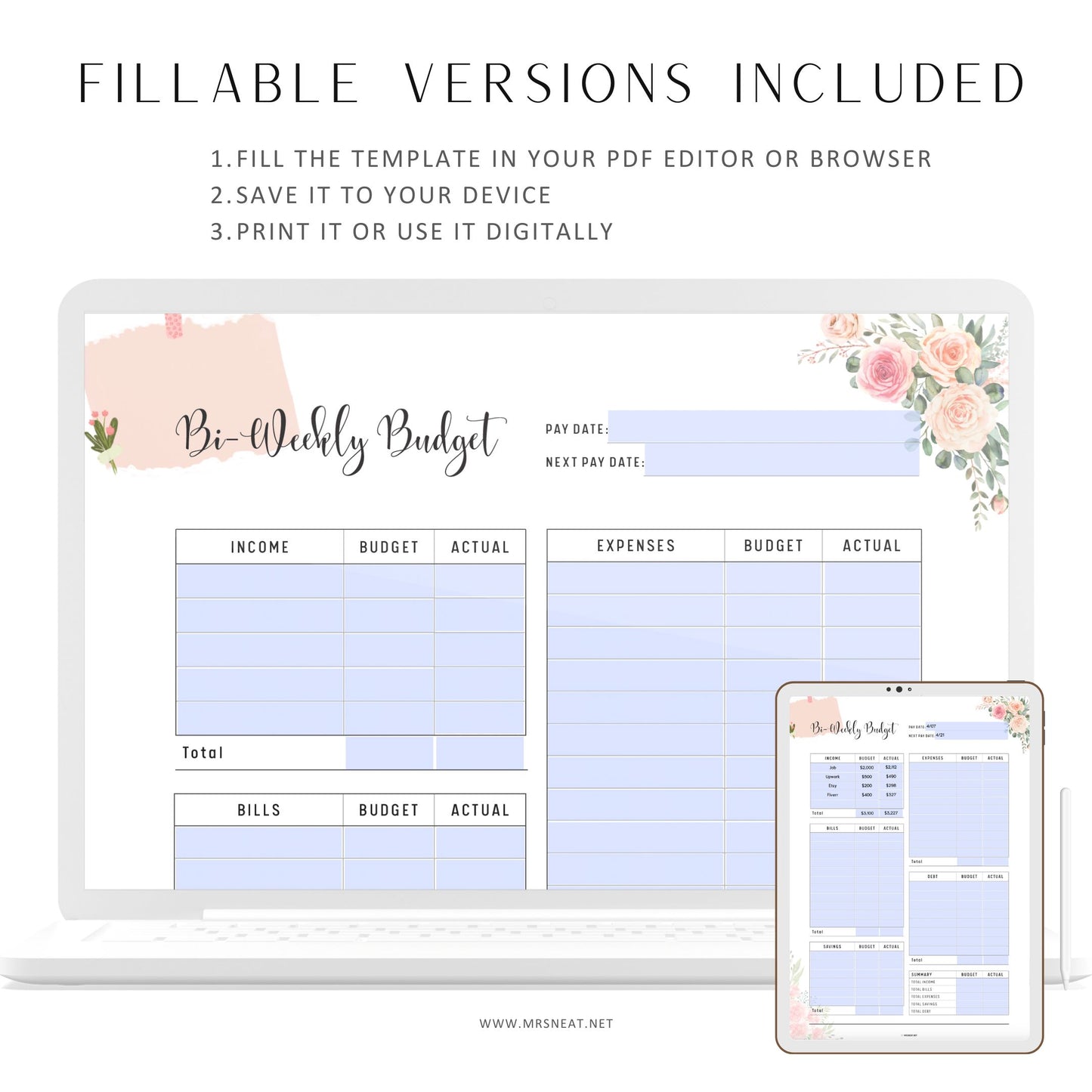 Bi Weekly Budget Printable, Budget Planner, Floral Theme, A4, A5, Letter, Half Letter, PDF