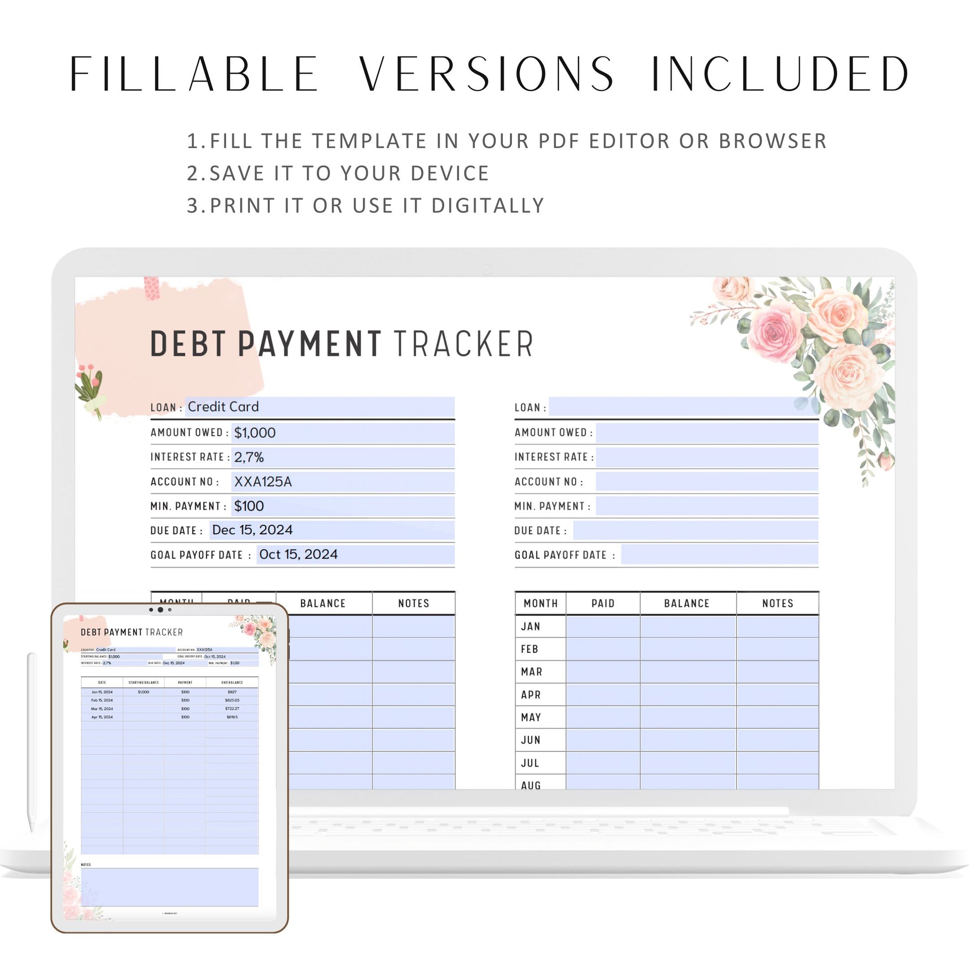 Printable Floral Debt Payment Tracker, Debt Repayment Planner, 2 pages, PDF, A4, A5, Letter, Half Letter