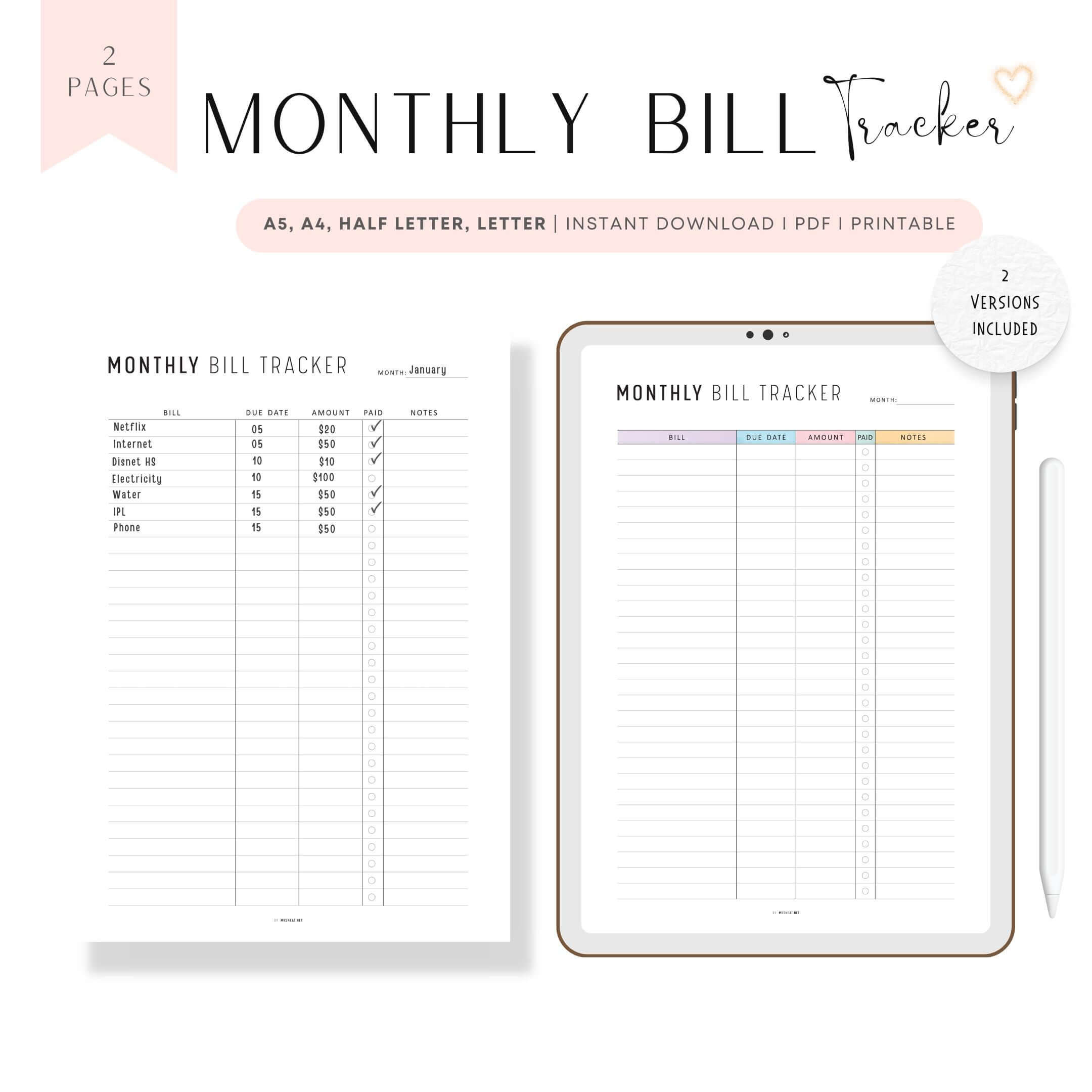 Monthly Bill Tracker Printable – mrsneat