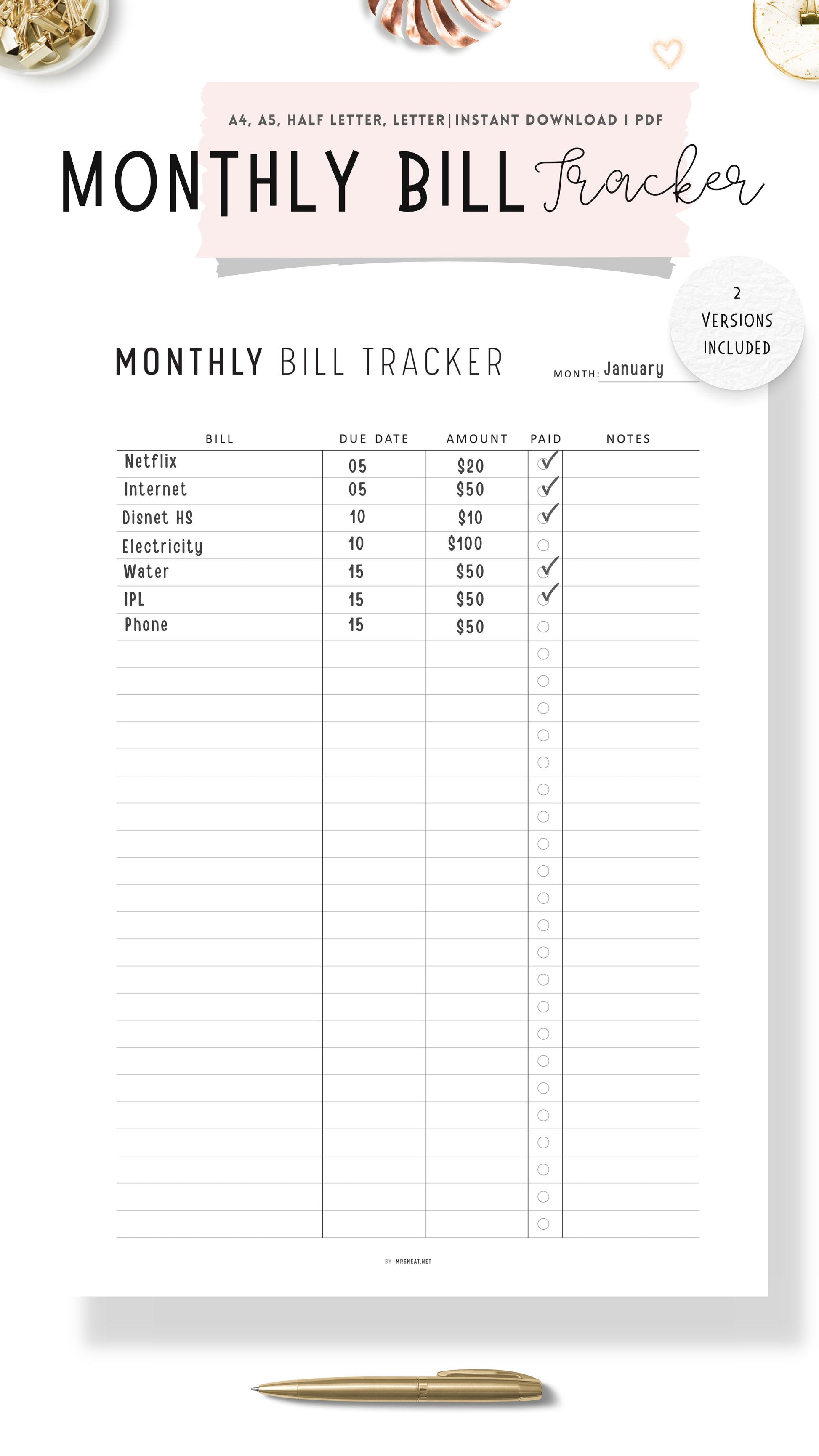 Monthly Bill Payment Tracker Template Printable, Minimalist Version, Colorful Version, A4, A5, Letter, Half Letter, Digital Monthly Budget Planner, Spending Tracker Template