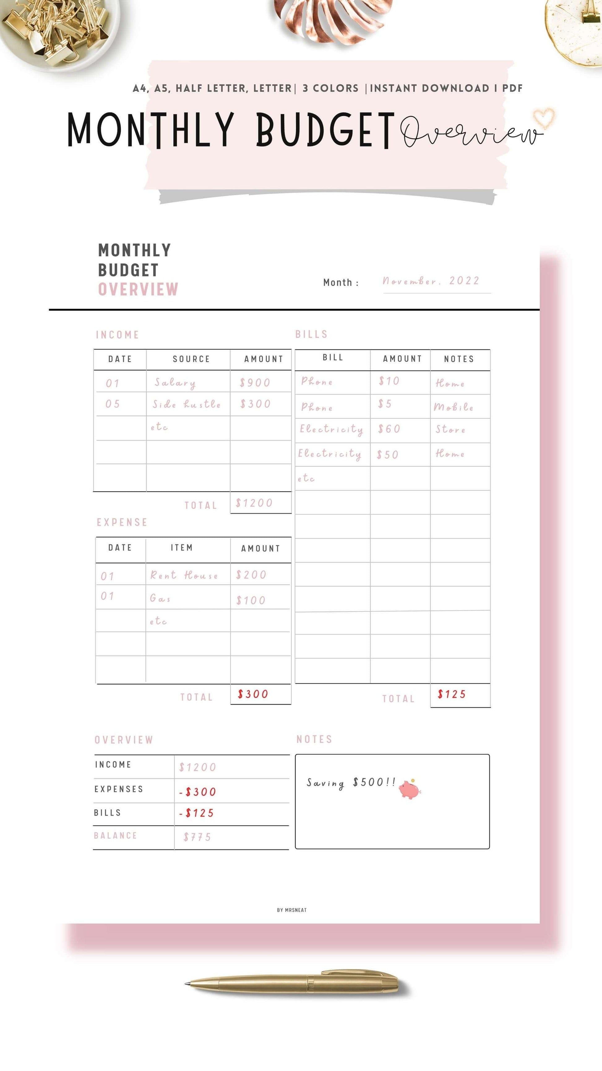 Monthly Budget Overview Template, A4, A5, Letter, 3 color options