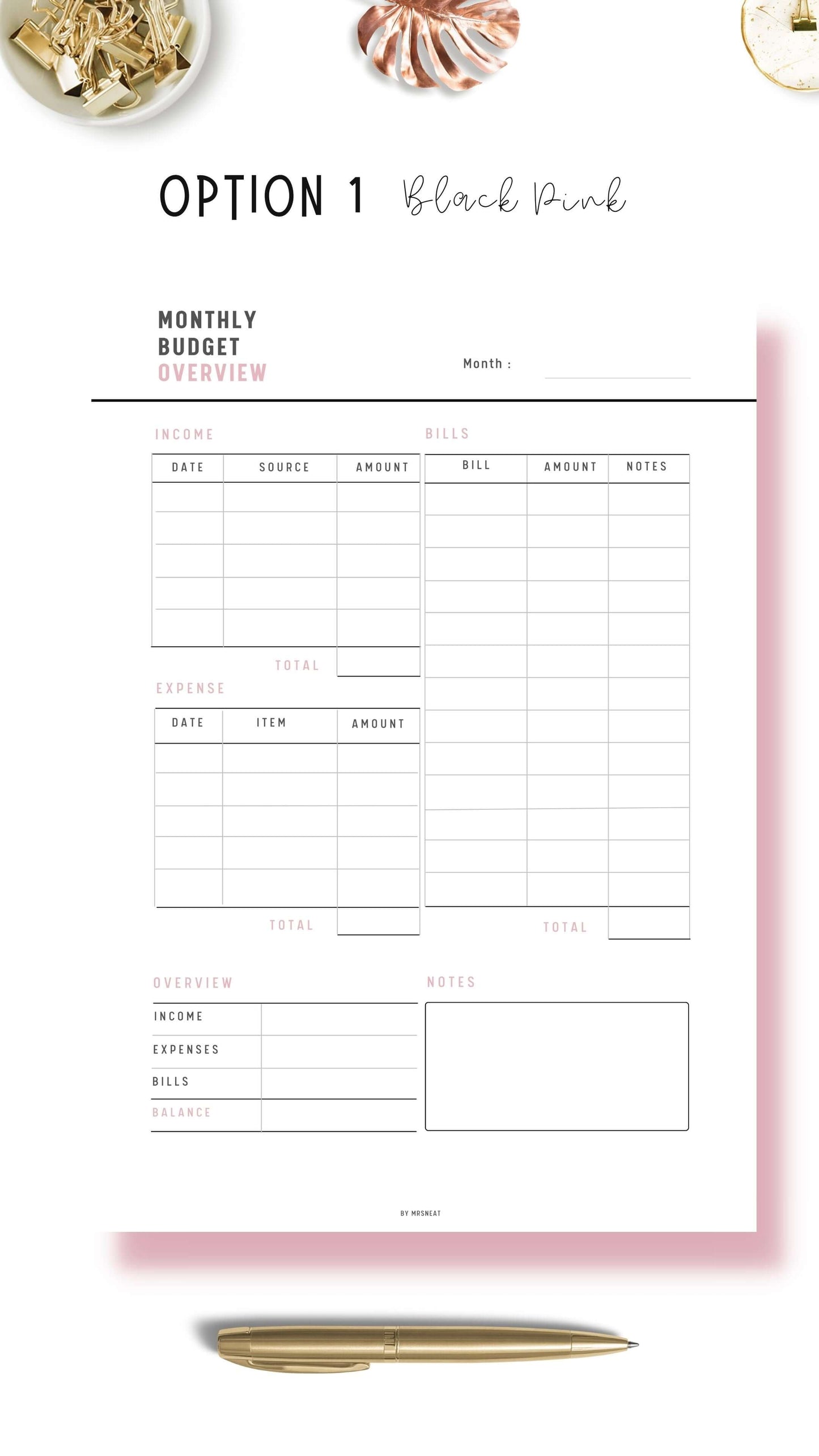 Monthly Budget Overview Template, A4, A5, Letter, 3 color options