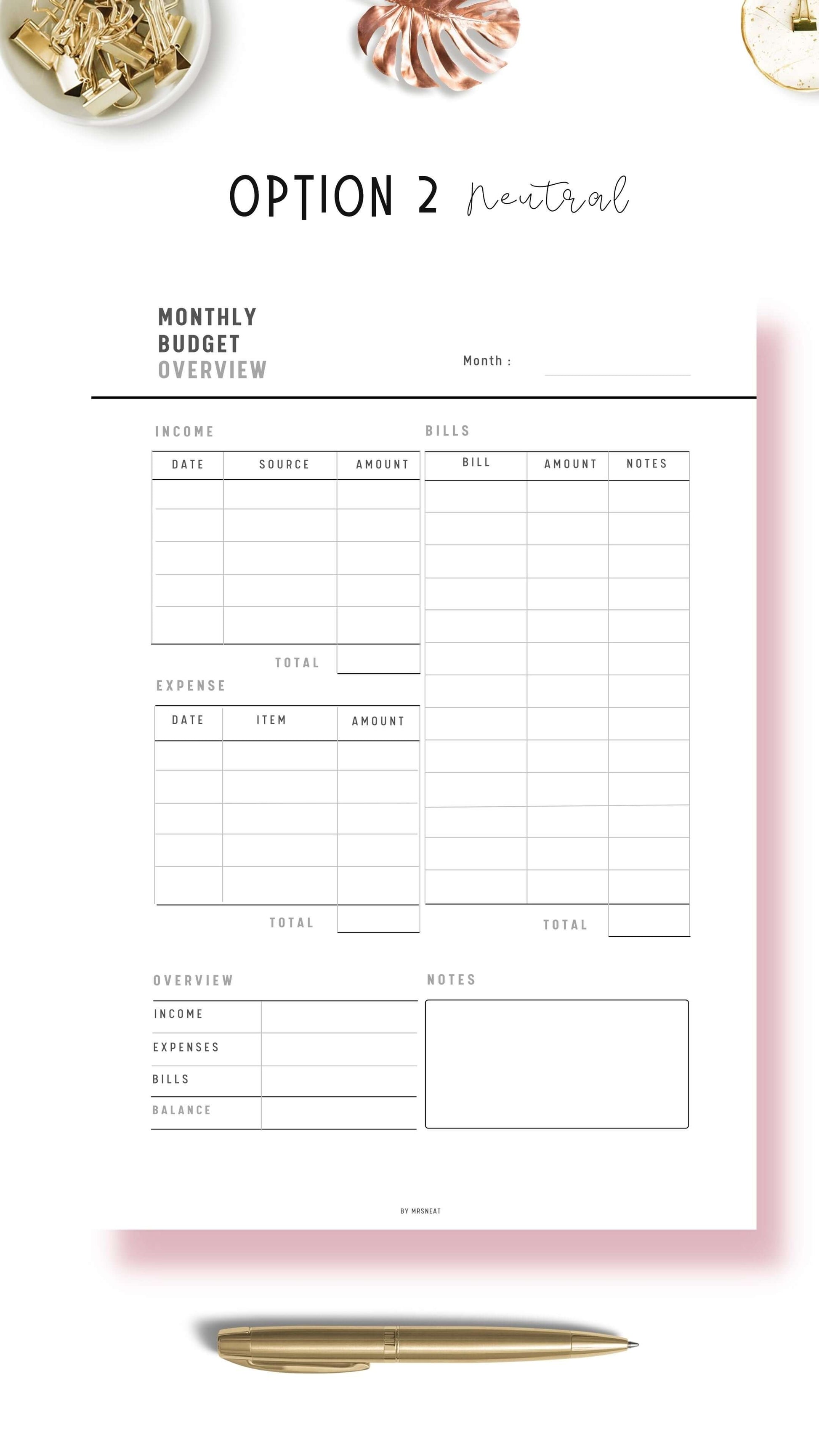 Monthly Budget Overview Template, A4, A5, Letter, 3 color options