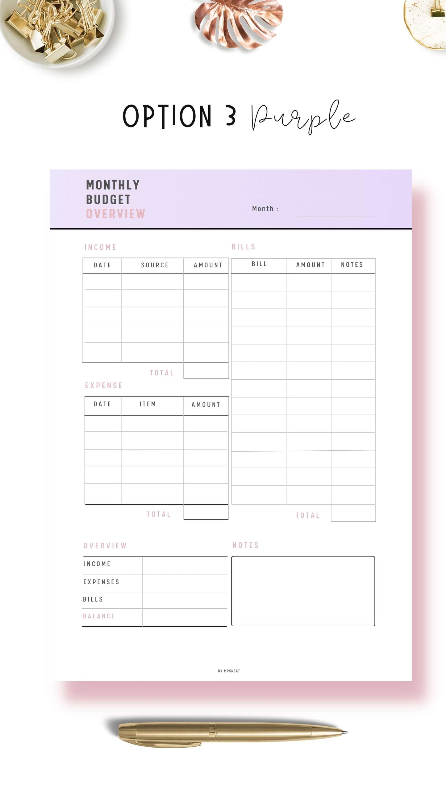 Monthly Budget Overview Template, A4, A5, Letter, 3 color options