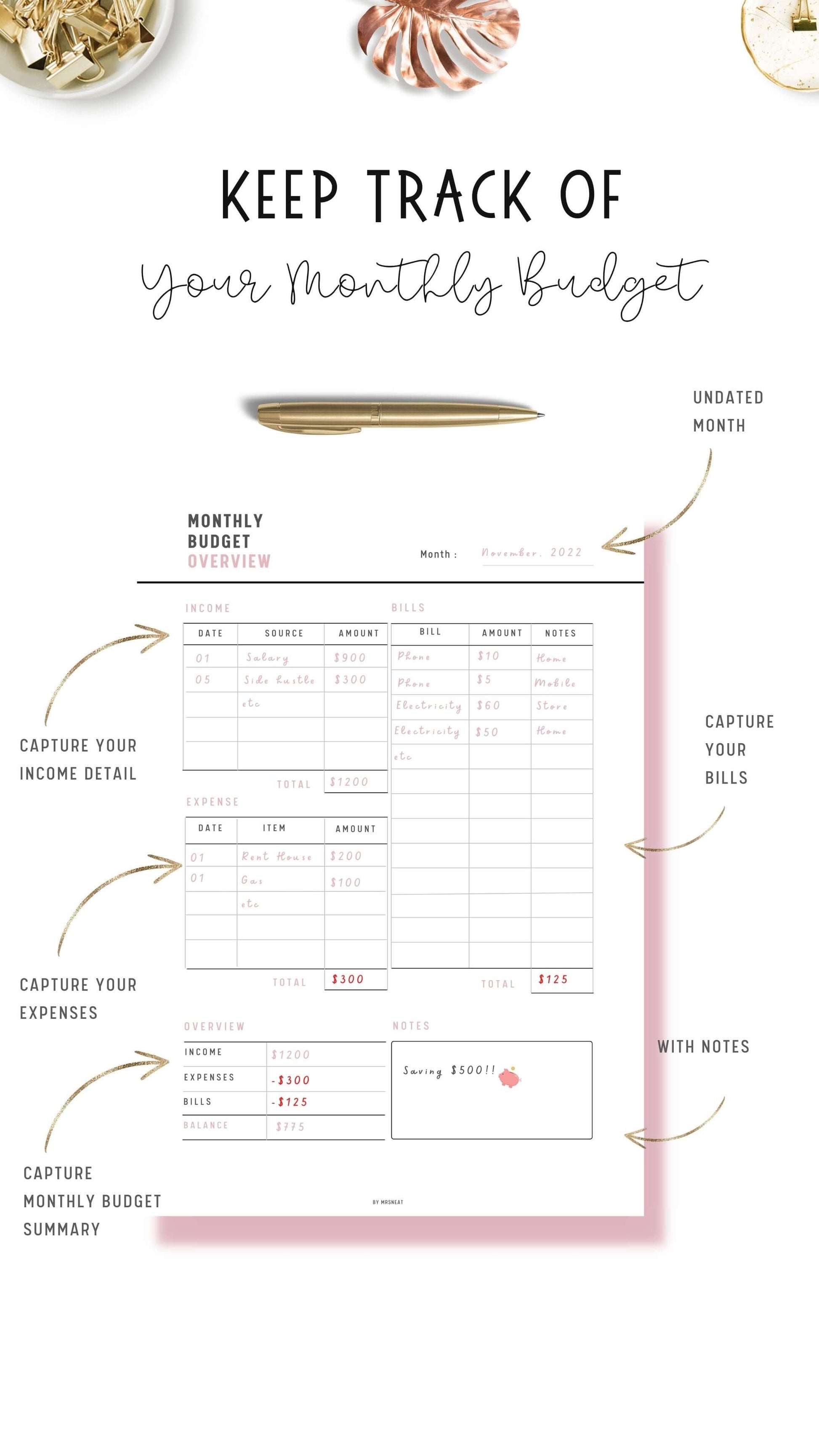 Monthly Budget Overview Template, A4, A5, Letter, 3 color options