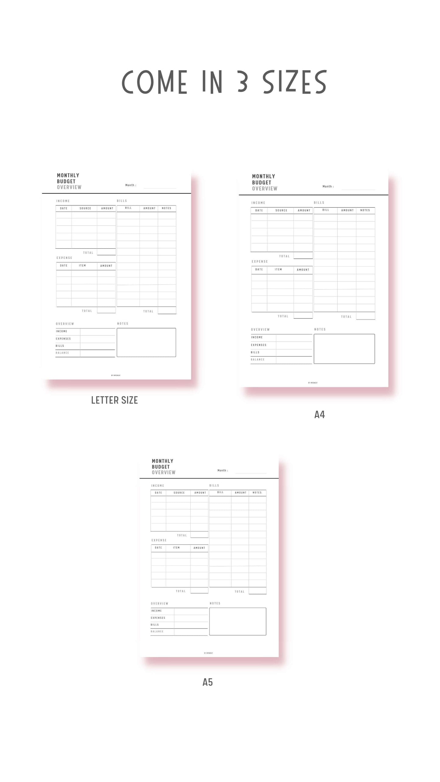 Monthly Budget Overview Template, A4, A5, Letter, 3 color options