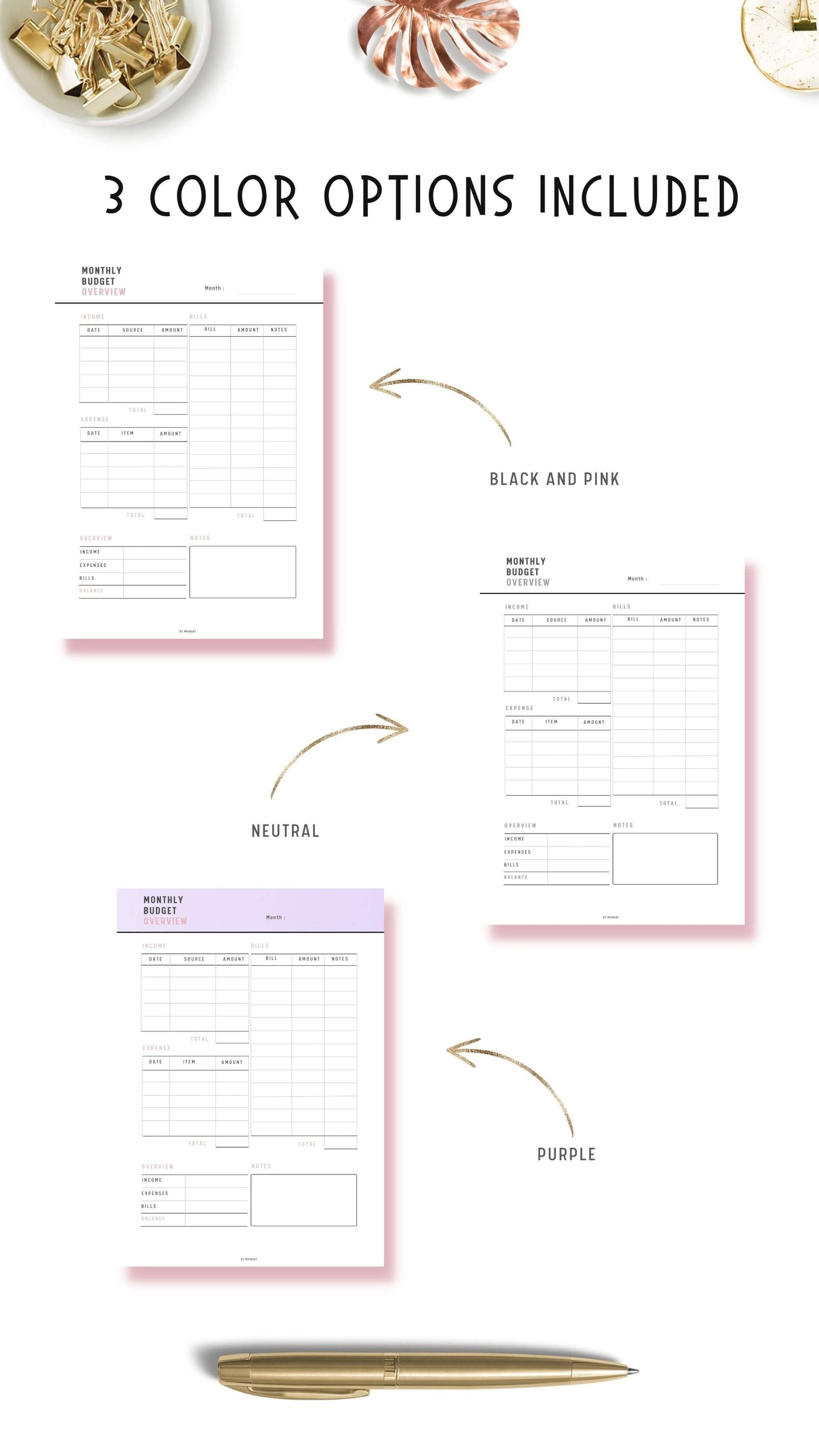 Monthly Budget Overview Template, A4, A5, Letter, 3 color options