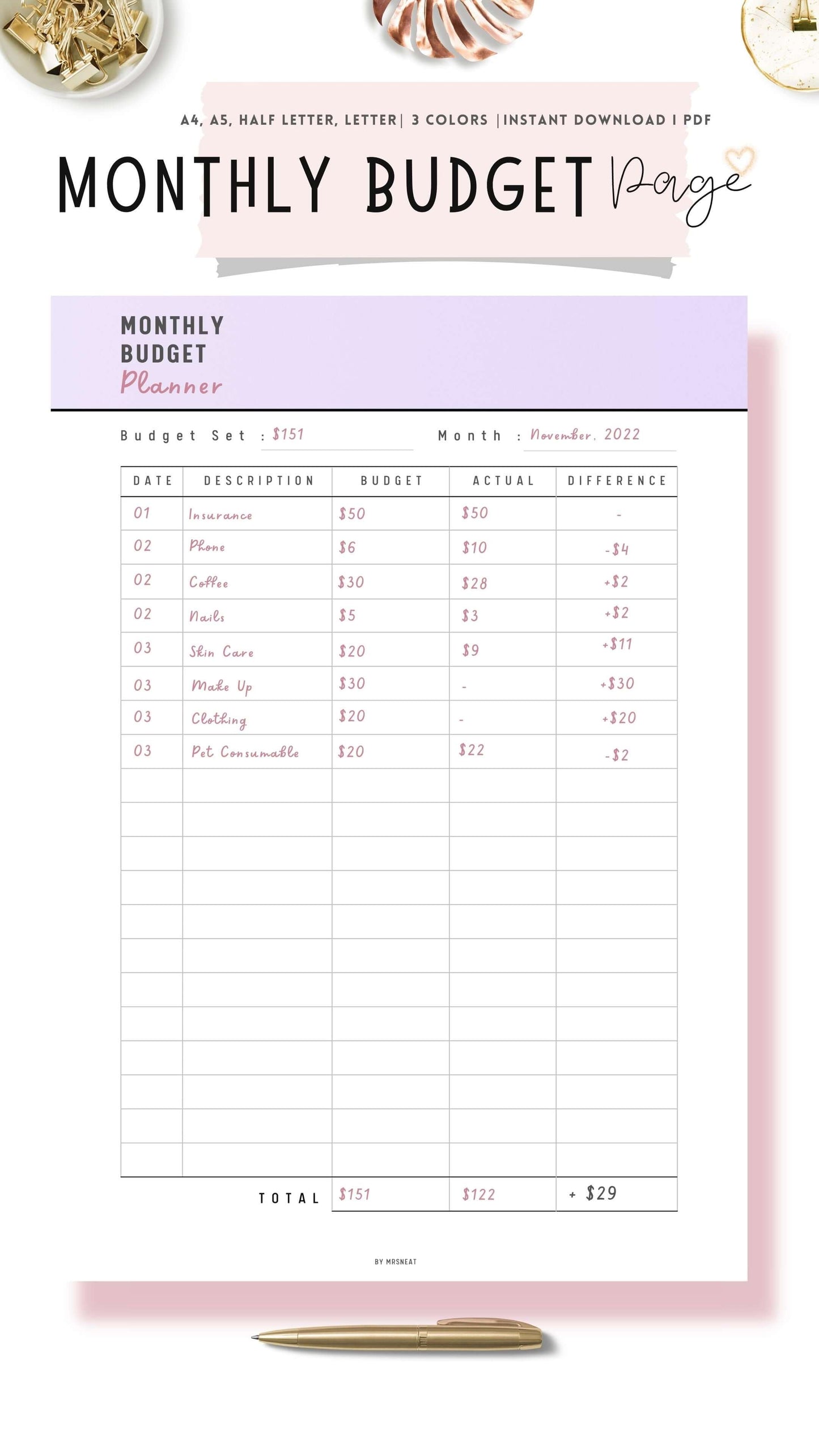 Monthly Budget Planner Printable, Budget Sheet, PDF, A4, A5, Letter, 3 color options