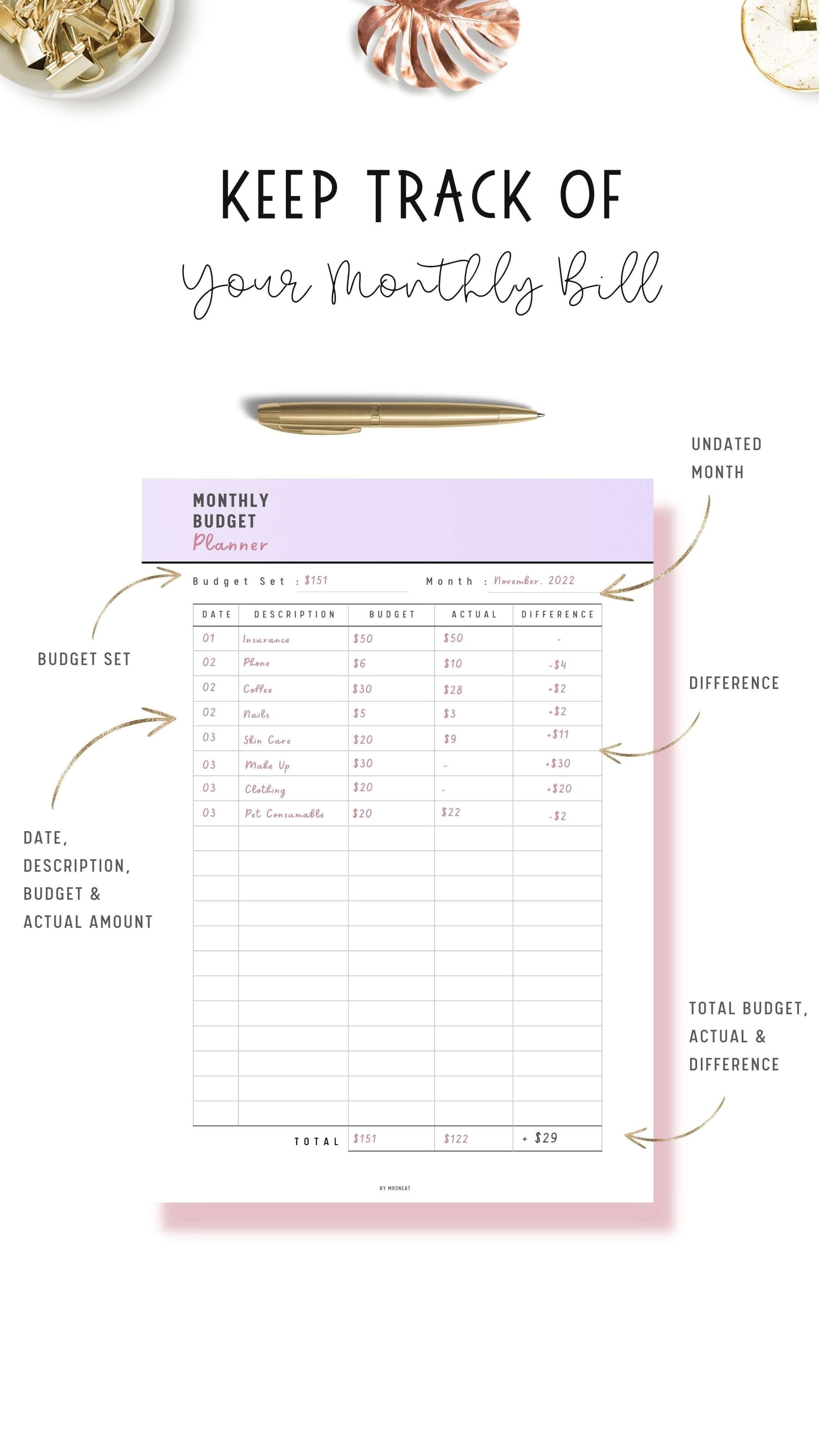 Monthly Budget Planner Printable, Budget Sheet, PDF, A4, A5, Letter, 3 color options