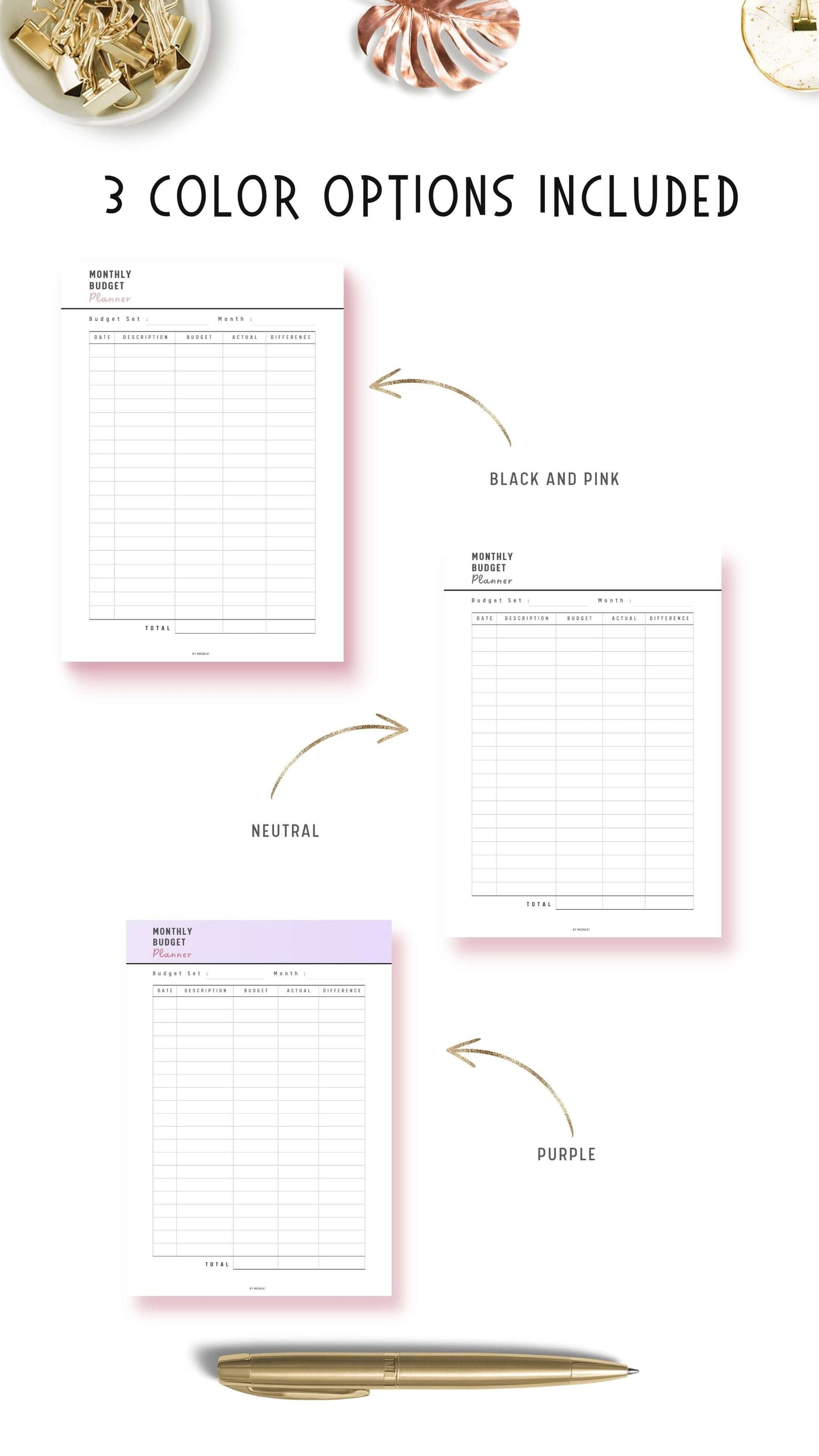 Monthly Budget Planner Printable, Budget Sheet, PDF, A4, A5, Letter, 3 color options