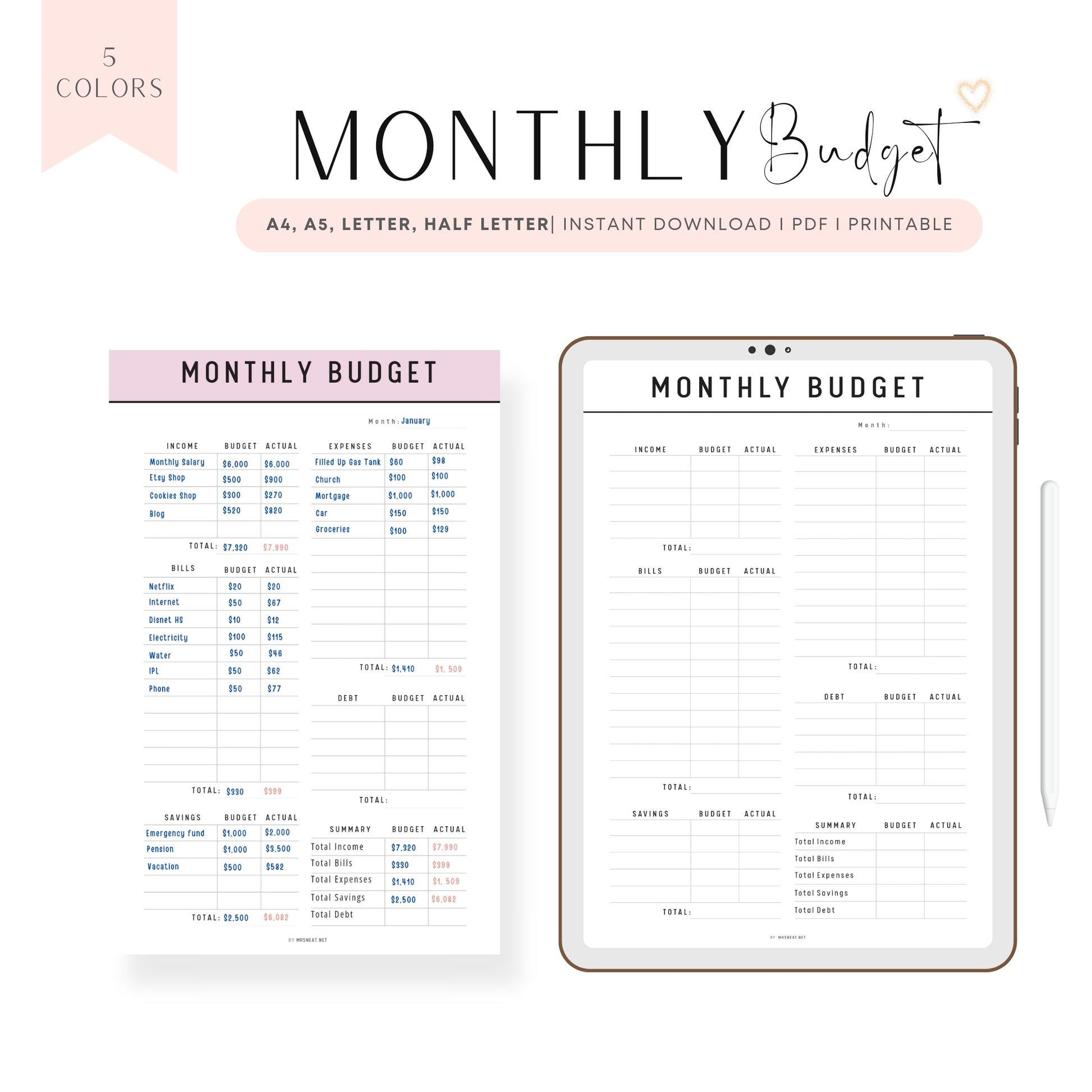 Monthly Budget Planner Template Printable