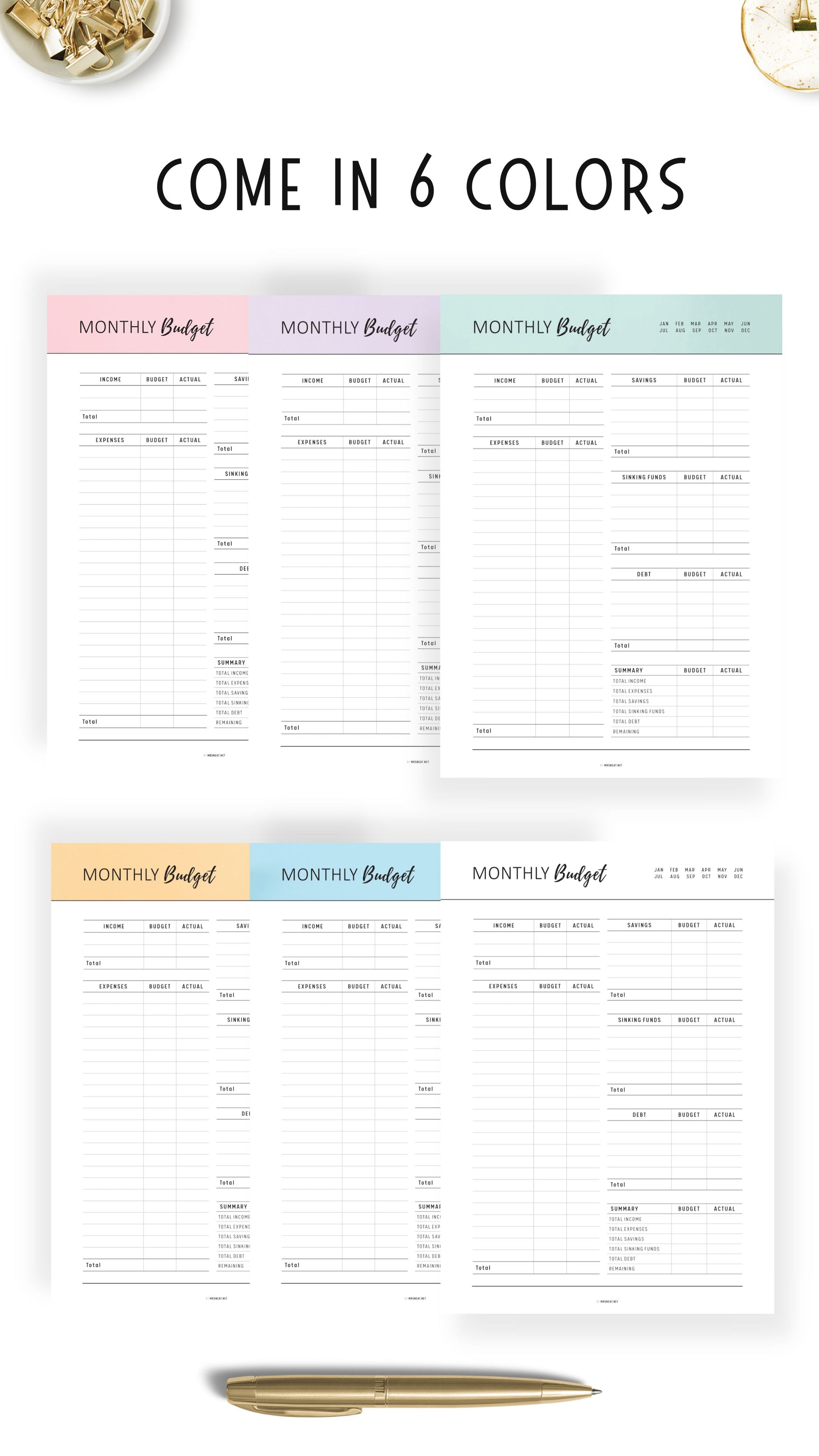 6 colors Monthly Budget Tracker Template