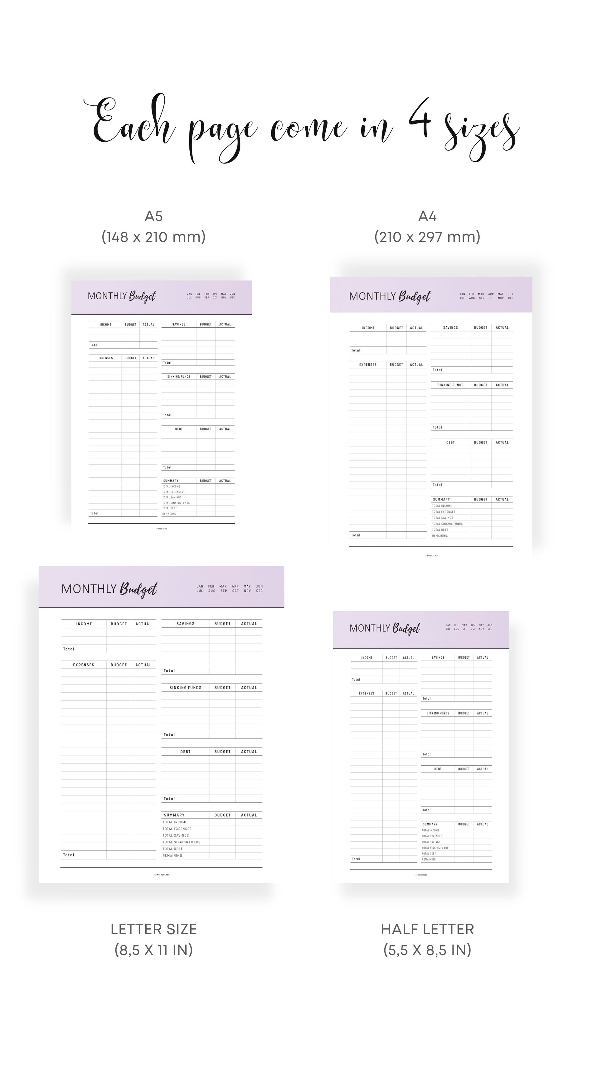 A4, A5, Letter, Half Letter Printable Monthly Budget Tracker Template