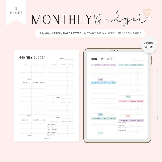 Monthly Budget Printable, A4, A5, Letter, Half Letter, 2 Colors, Digital Planner