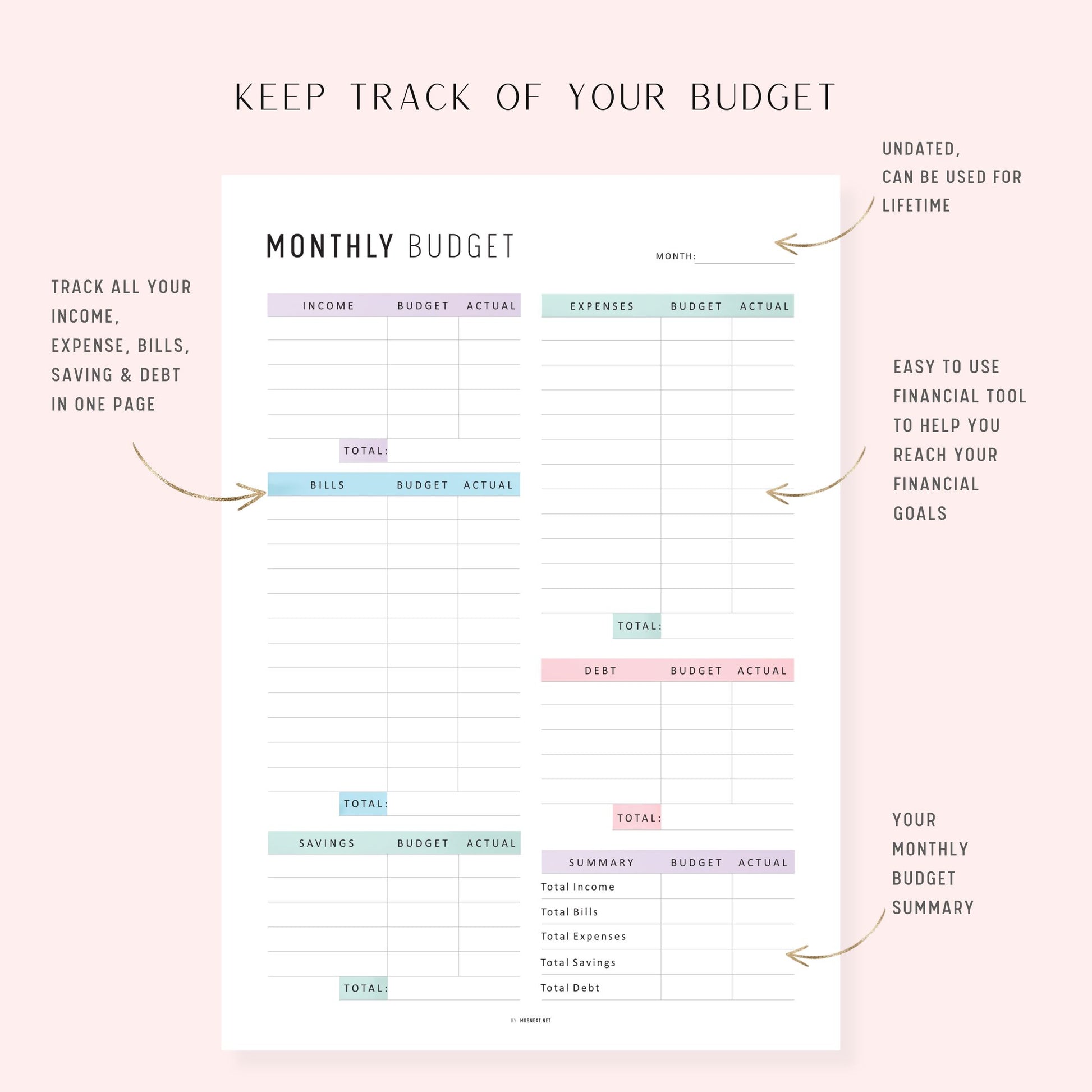 Monthly Budget Printable, A4, A5, Letter, Half Letter, 2 Colors, Digital Planner
