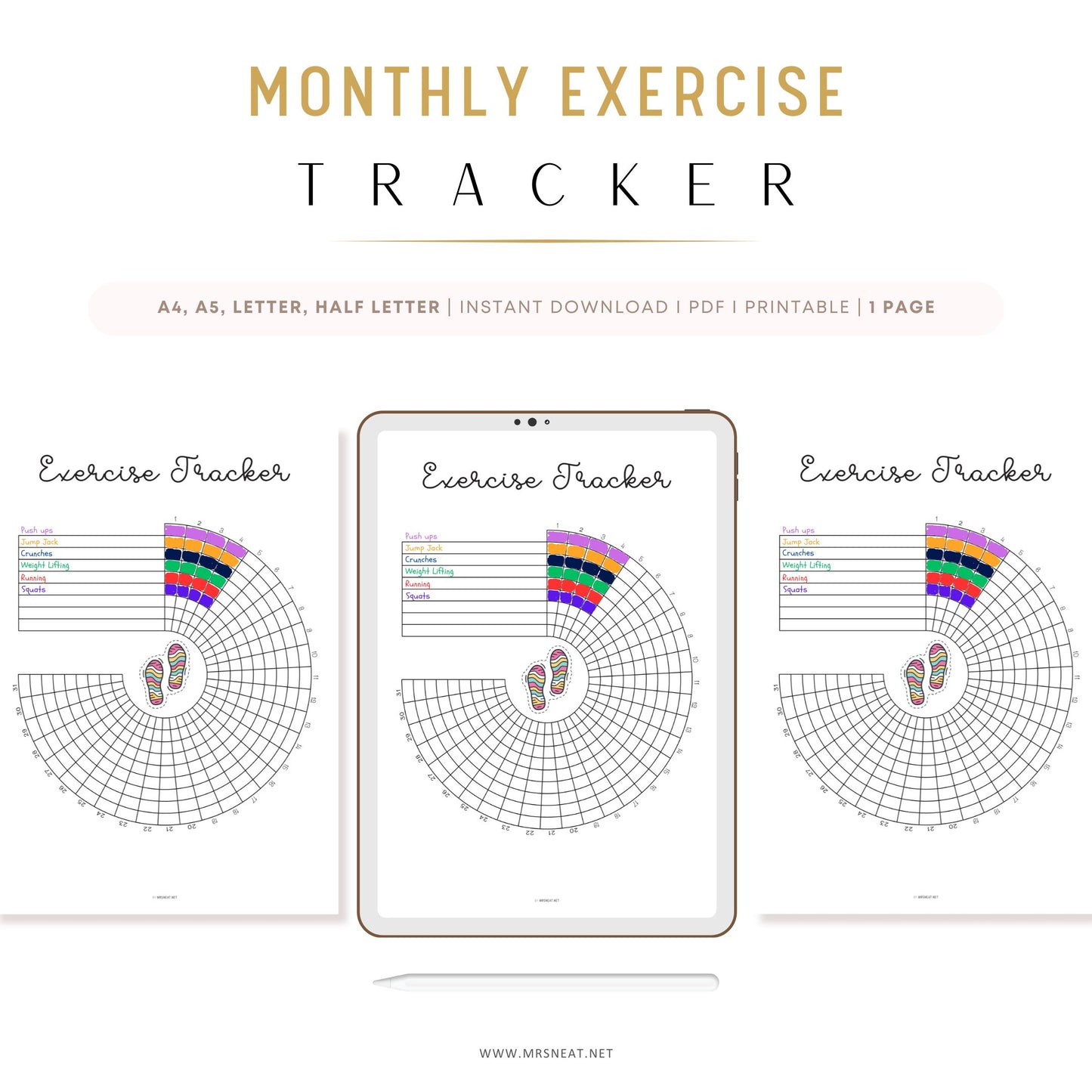 Monthly exercise coloring tracker printable, Workout tracker printable journal, Exercise wheel A5 Bujo template, Bullet Journal insert, Monthly spreads, A4, A5, Letter, Half Letter