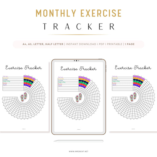 Monthly exercise coloring tracker printable, Workout tracker printable journal, Exercise wheel A5 Bujo template, Bullet Journal insert, Monthly spreads, A4, A5, Letter, Half Letter