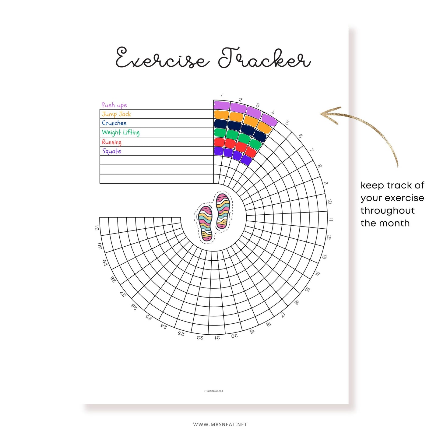 Monthly exercise coloring tracker printable, Workout tracker printable journal, Exercise wheel A5 Bujo template, Bullet Journal insert, Monthly spreads, A4, A5, Letter, Half Letter