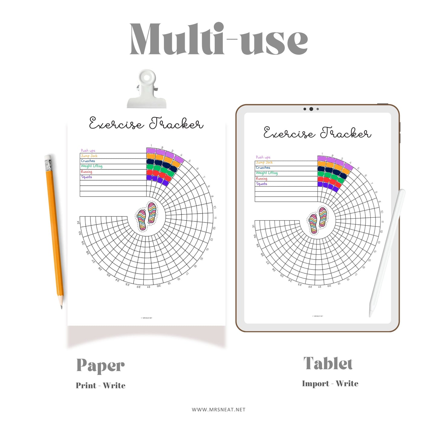 Monthly exercise coloring tracker printable, Workout tracker printable journal, Exercise wheel A5 Bujo template, Bullet Journal insert, Monthly spreads, A4, A5, Letter, Half Letter