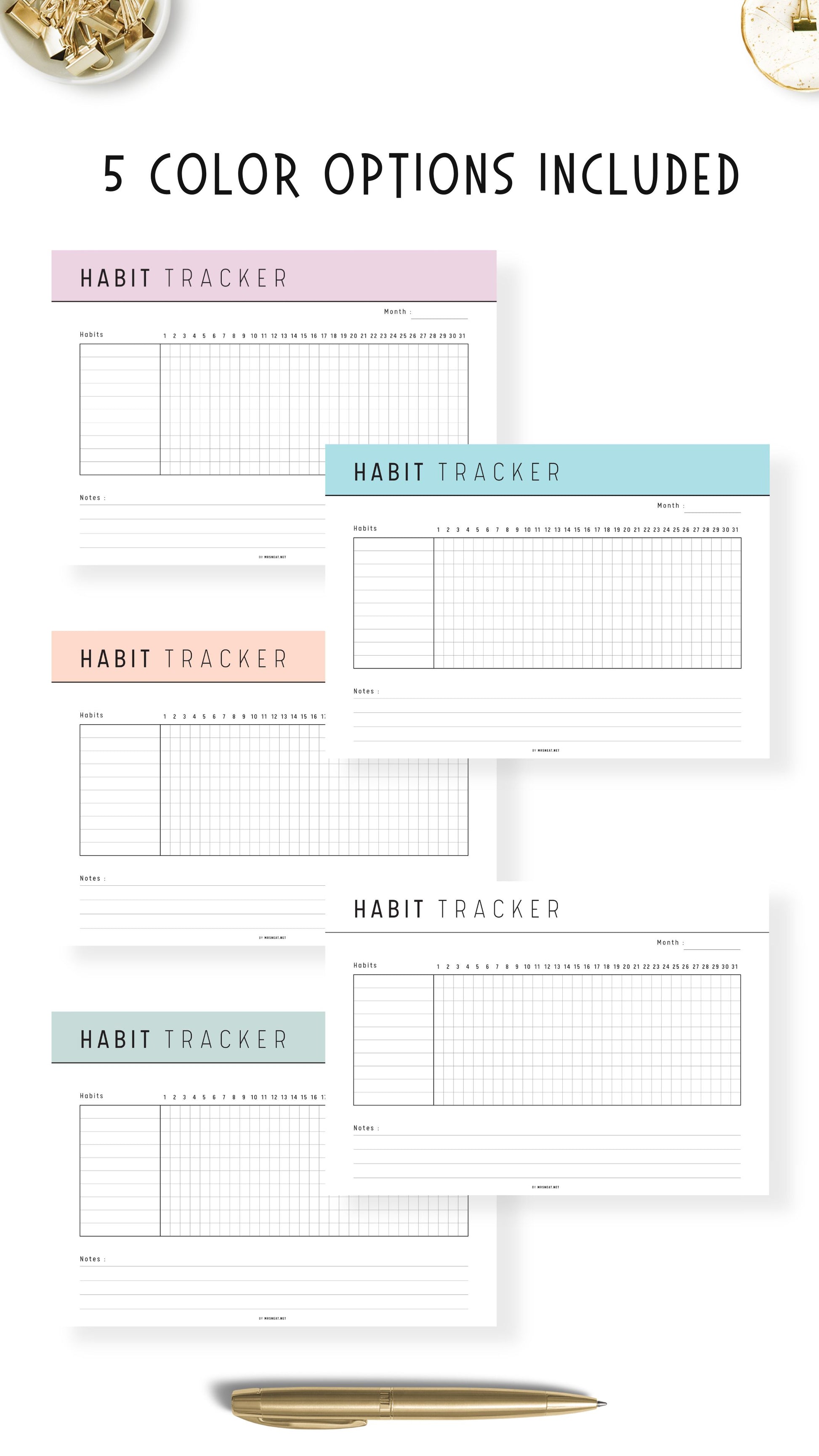 5 colors Monthly Habit Tracker Template Printable