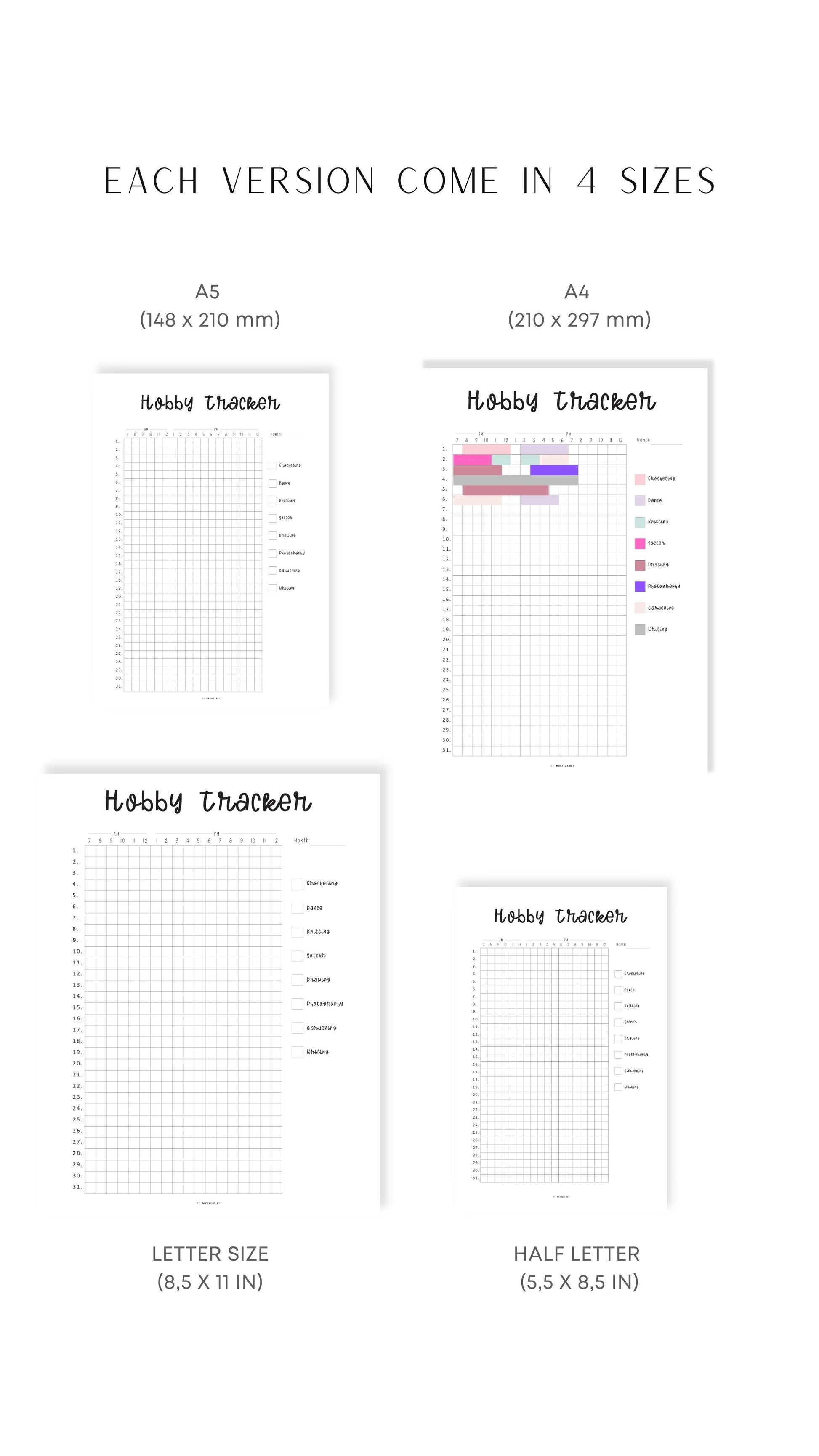 A4, A5, Letter, Half Letter Hobby Tracker Template PDF