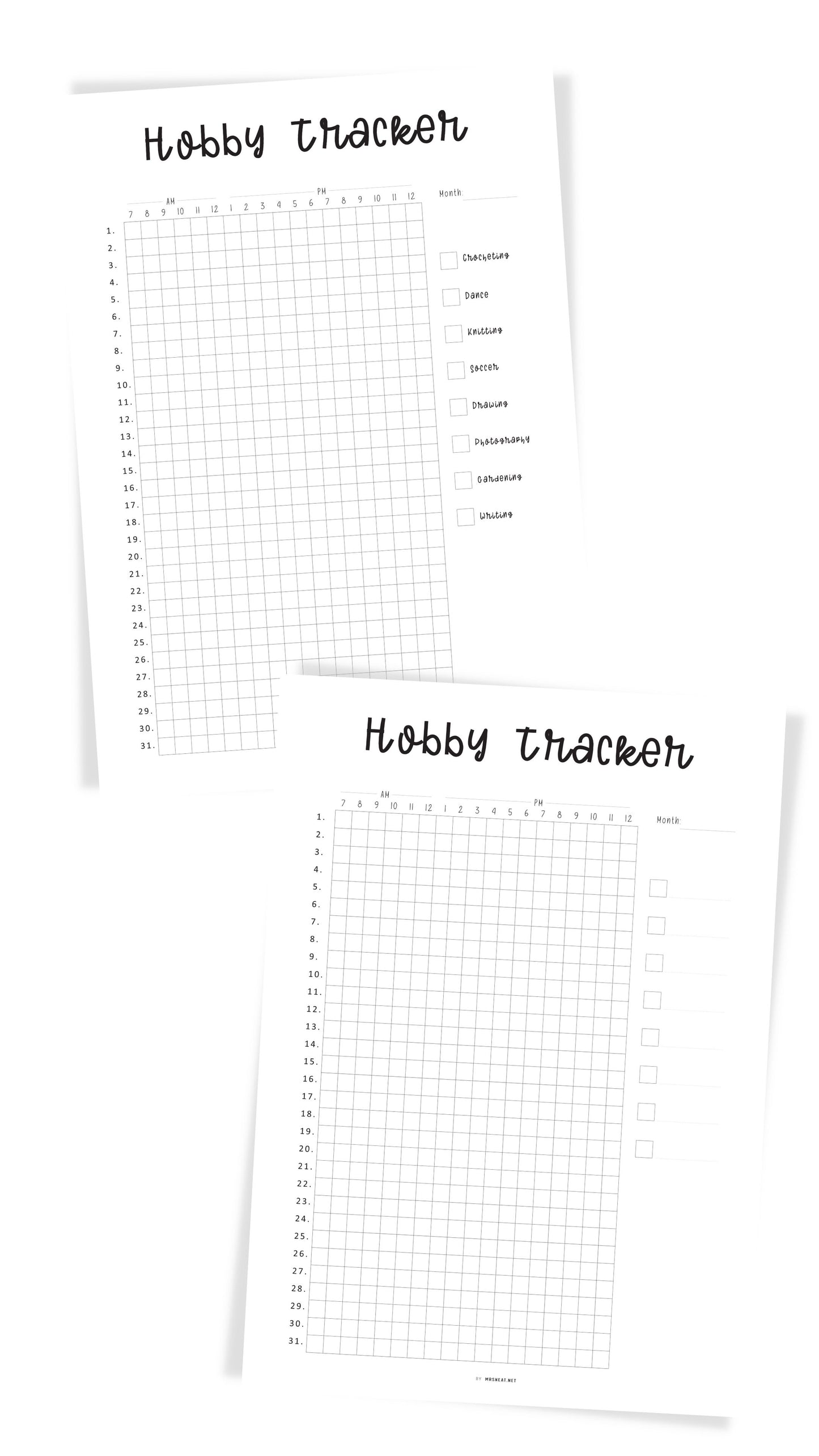 Monthly Hobby Tracker Template printable