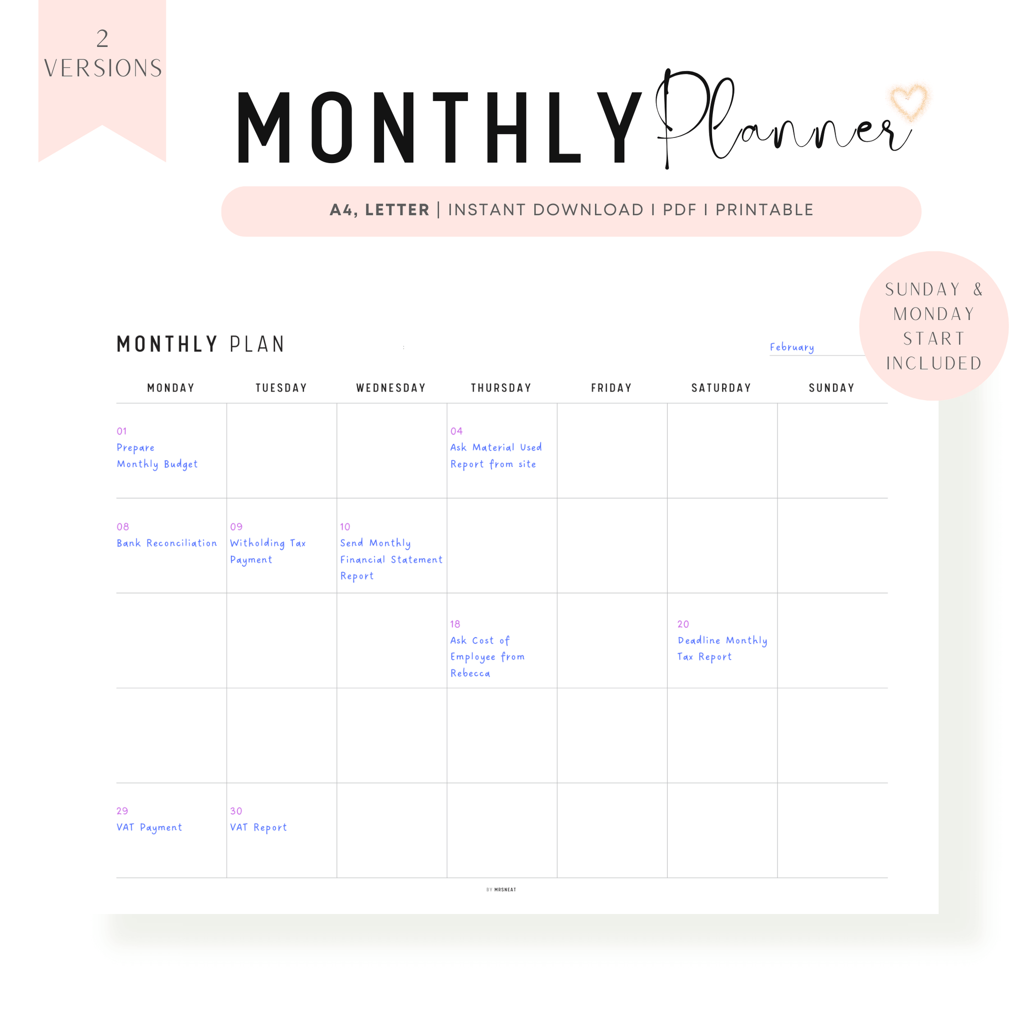 Landscape Monthly Planner Template Mrsneat