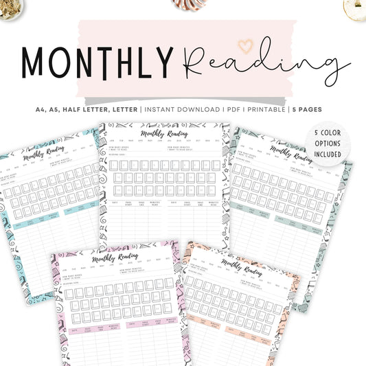 Monthly Reading Tracker Template Printable, 5 colors, 4 sizes