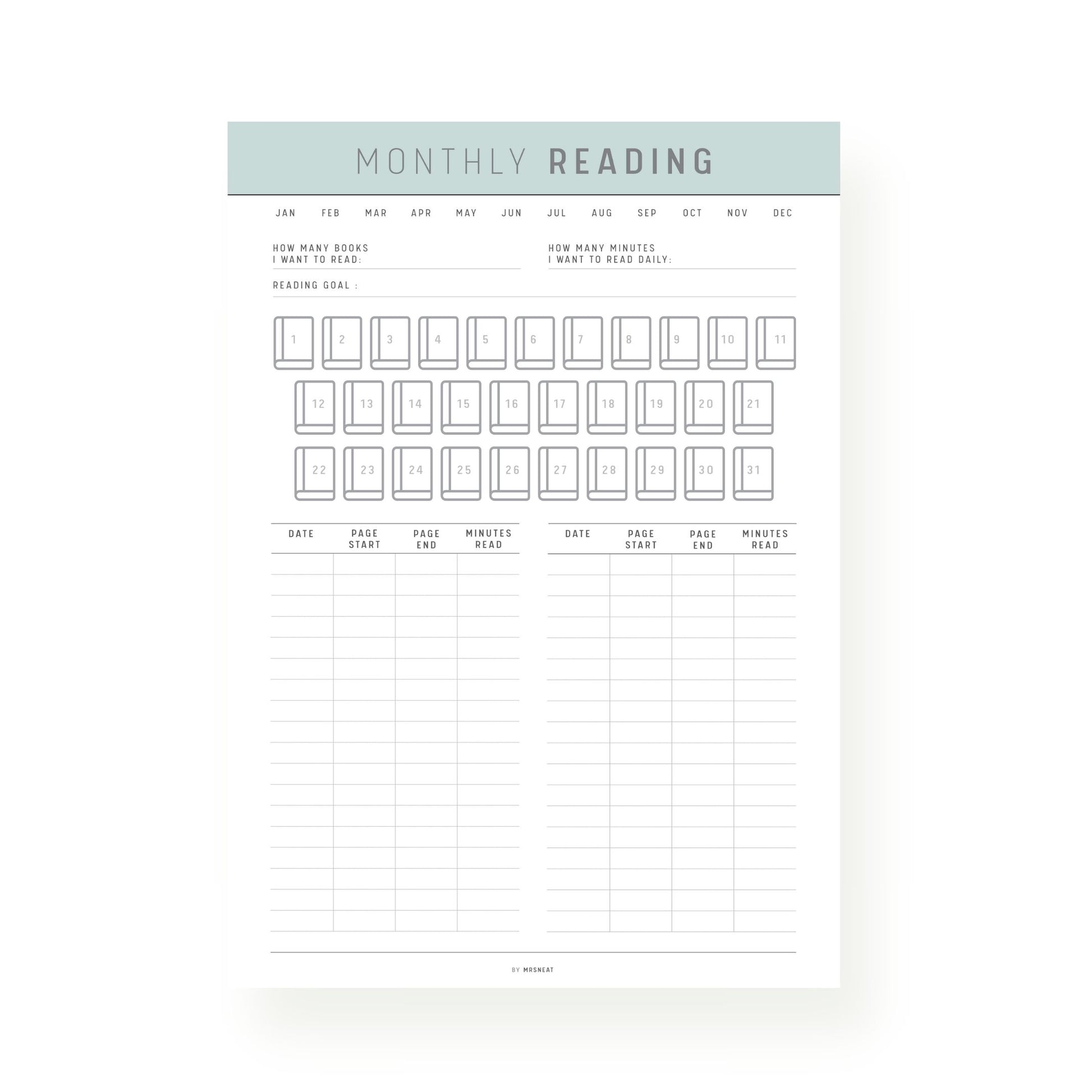 Green Monthly Reading Tracker Template Printable