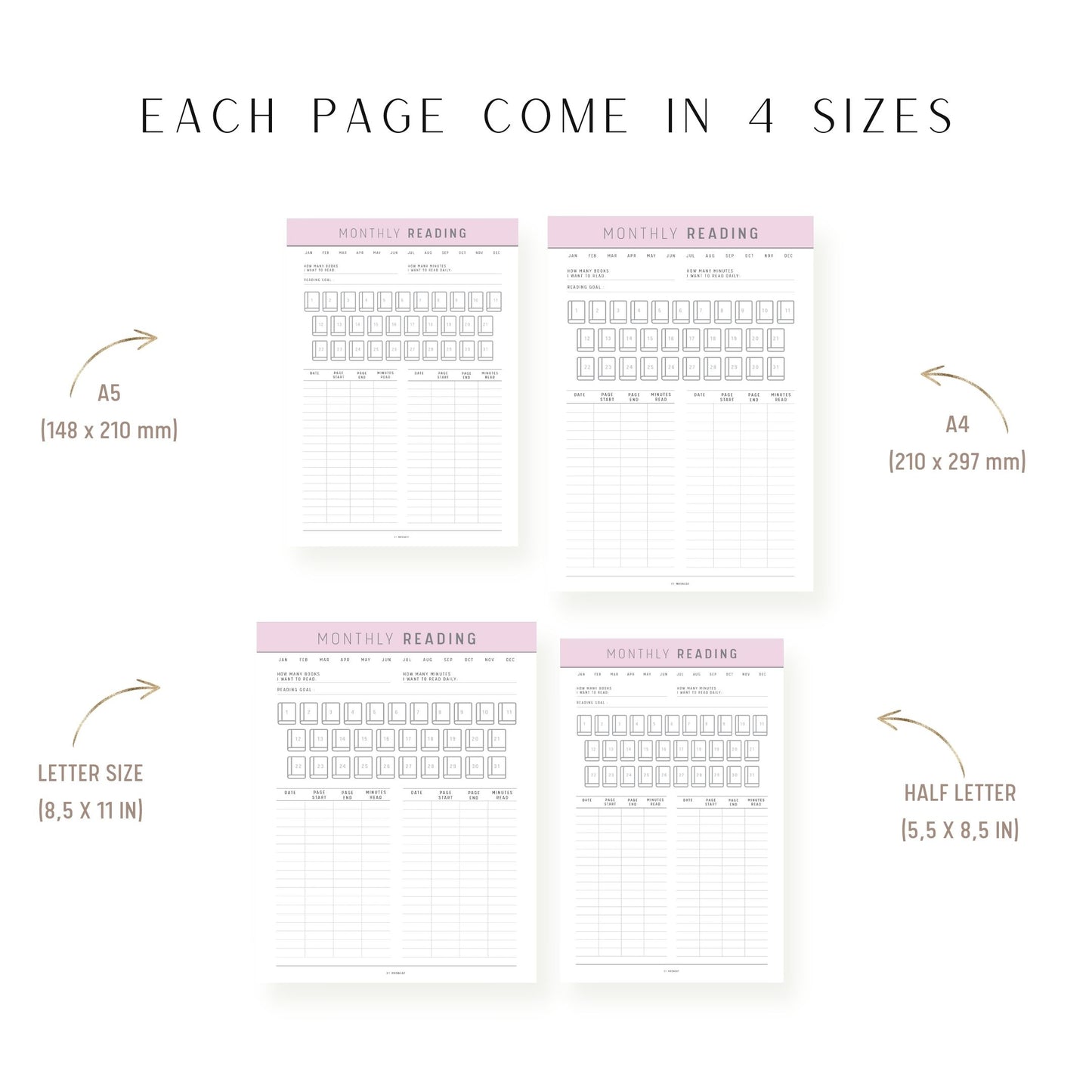 A4, Letter, Half Letter, A5 Monthly Reading Tracker Template Printable