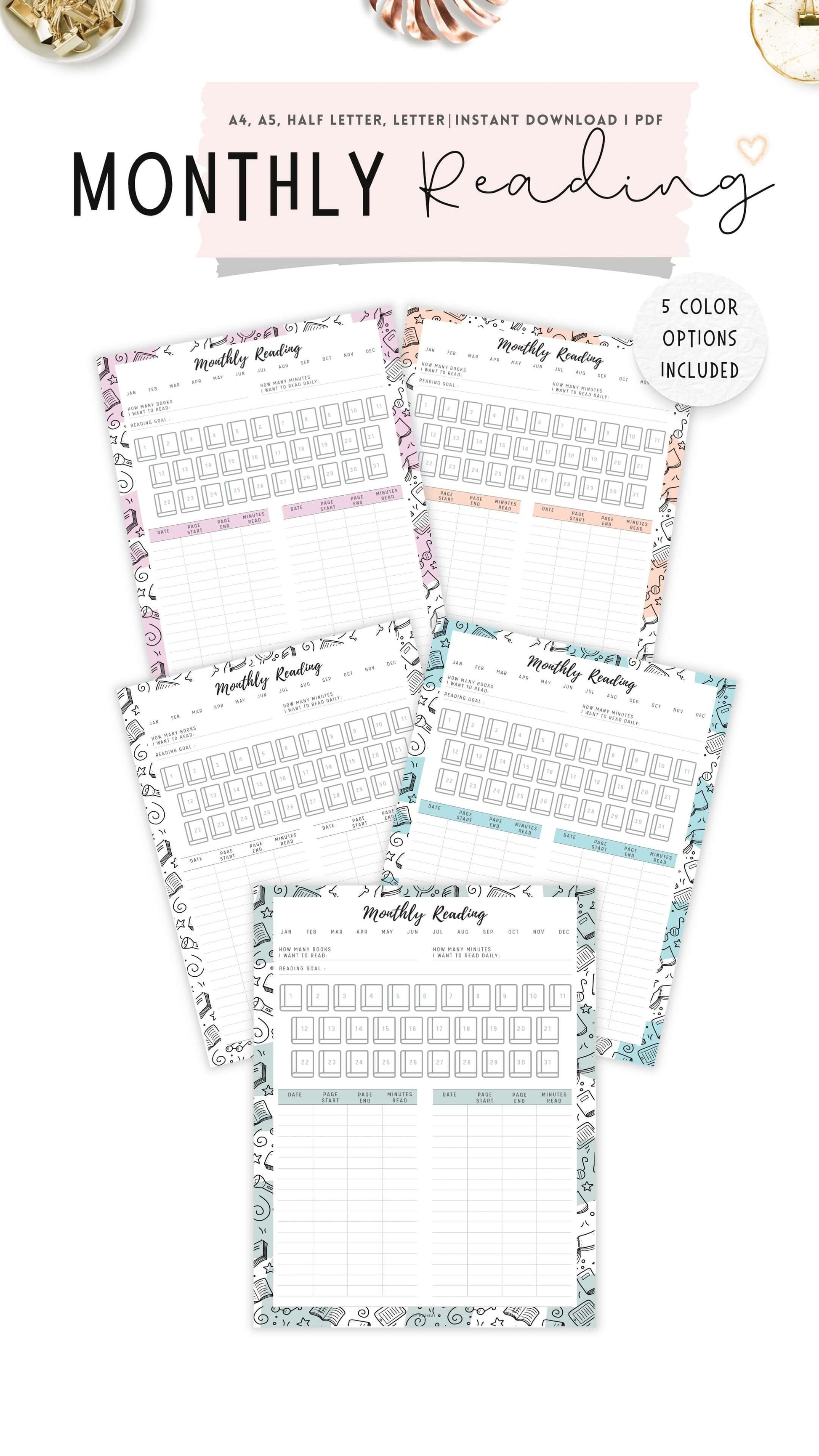 Monthly Reading Tracker Template Printable, 5 colors, 4 sizes